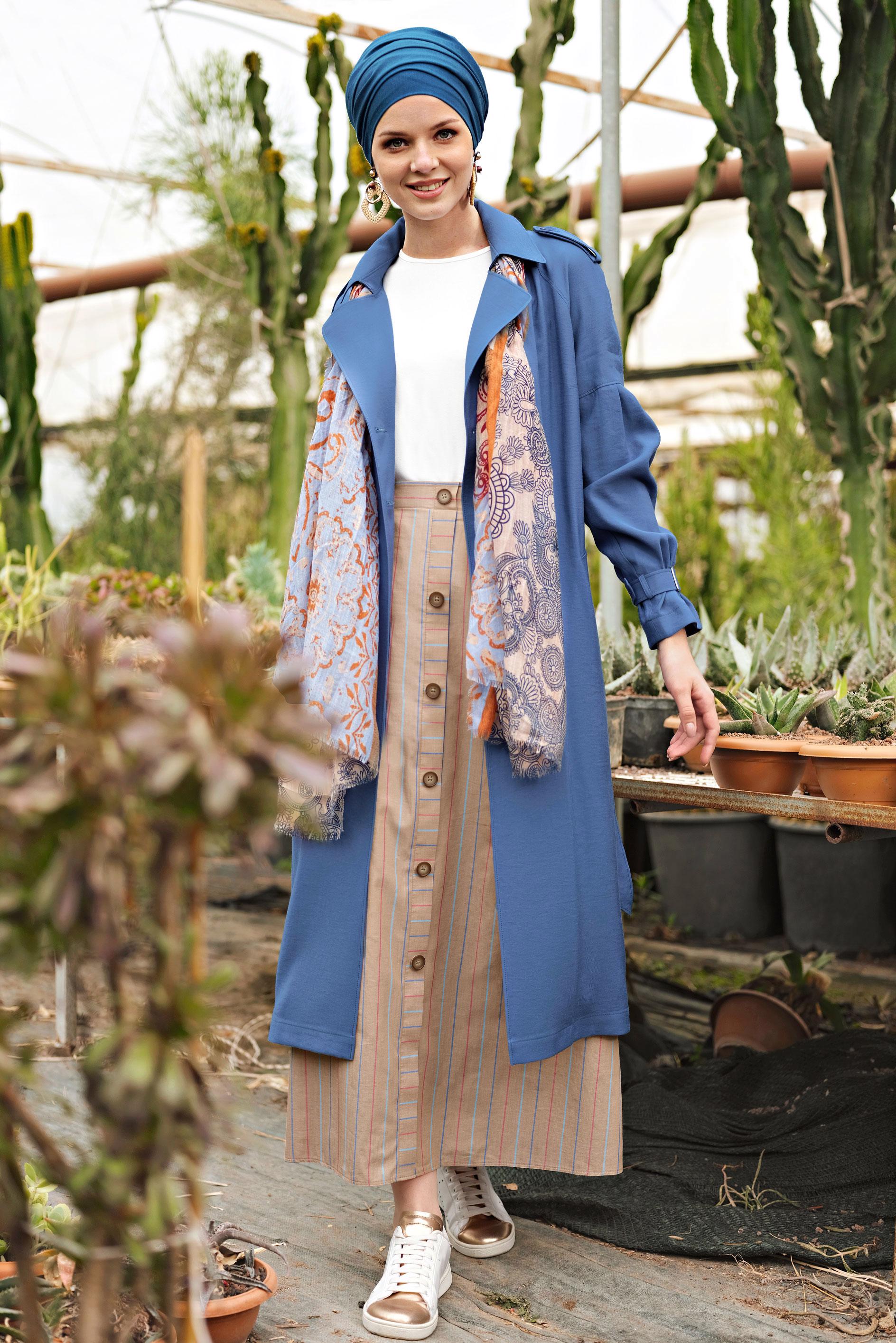 Tesettür giyim SARI ÇİZGİ DESENLİ VE ÖNDEN DÜĞMELİ ETEK 6341