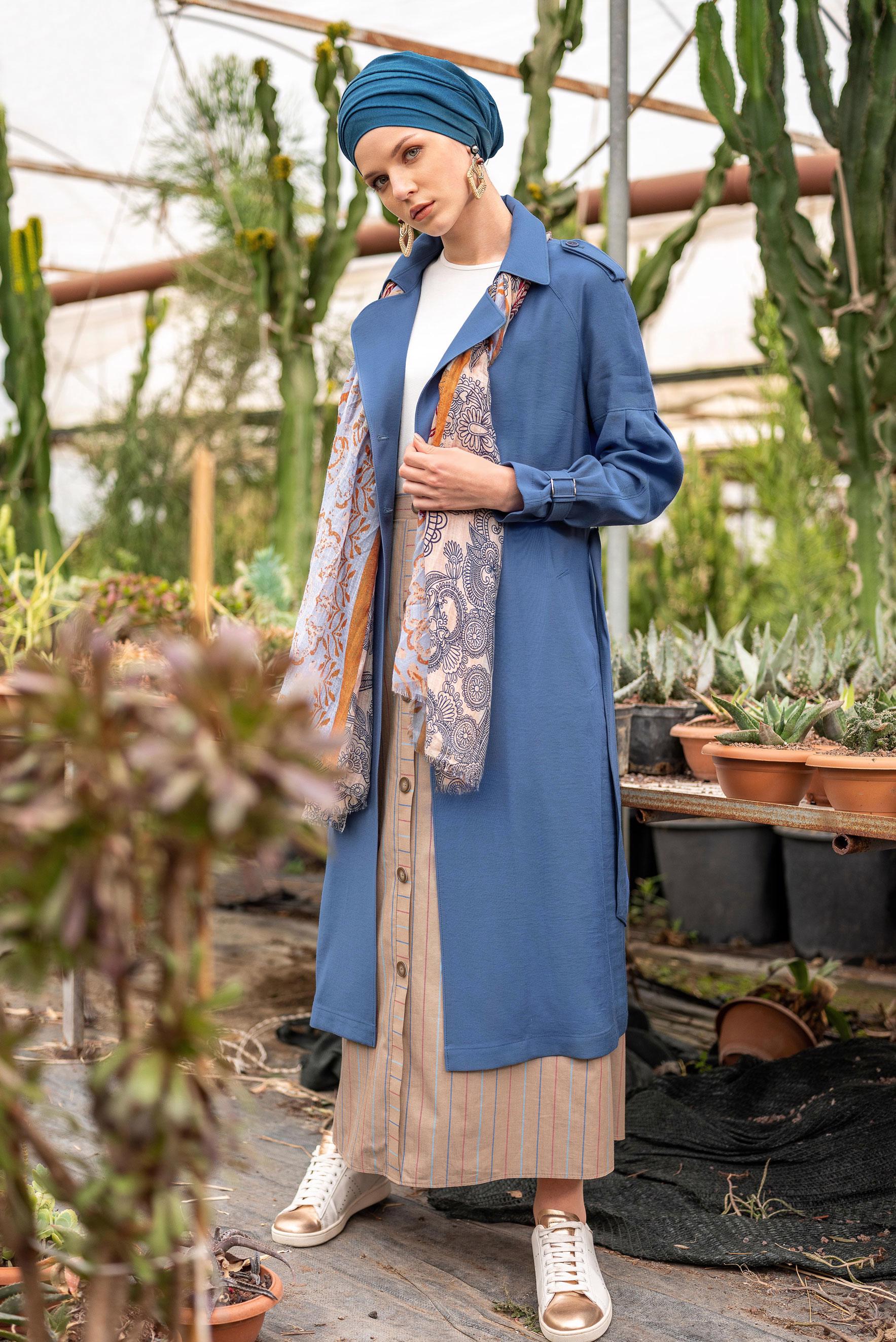 Tesettür giyim SARI ÇİZGİ DESENLİ VE ÖNDEN DÜĞMELİ ETEK 6341