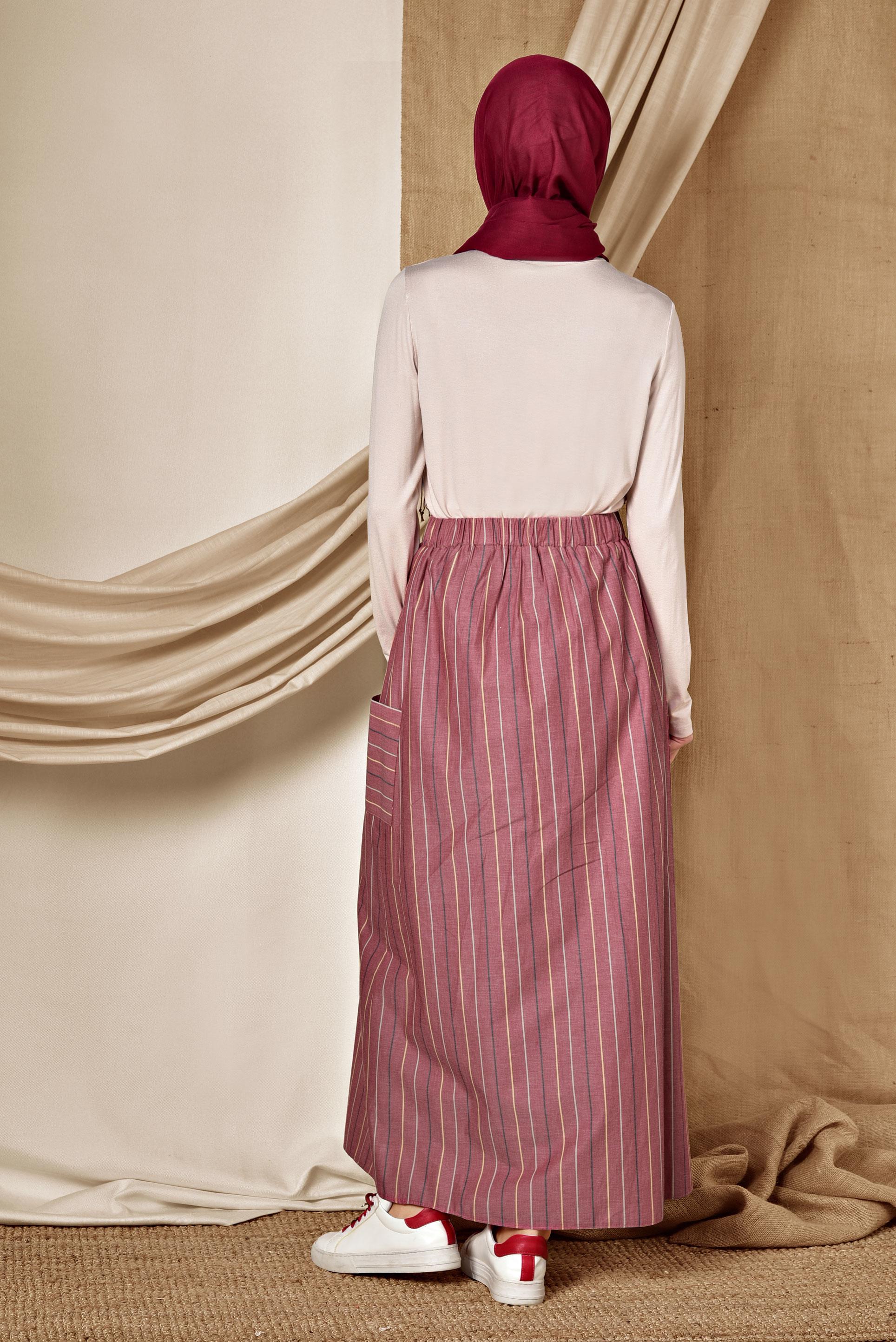 Tesettür giyim BORDO ÇİZGİ DESENLİ VE ÖNDEN DÜĞMELİ ETEK 6341