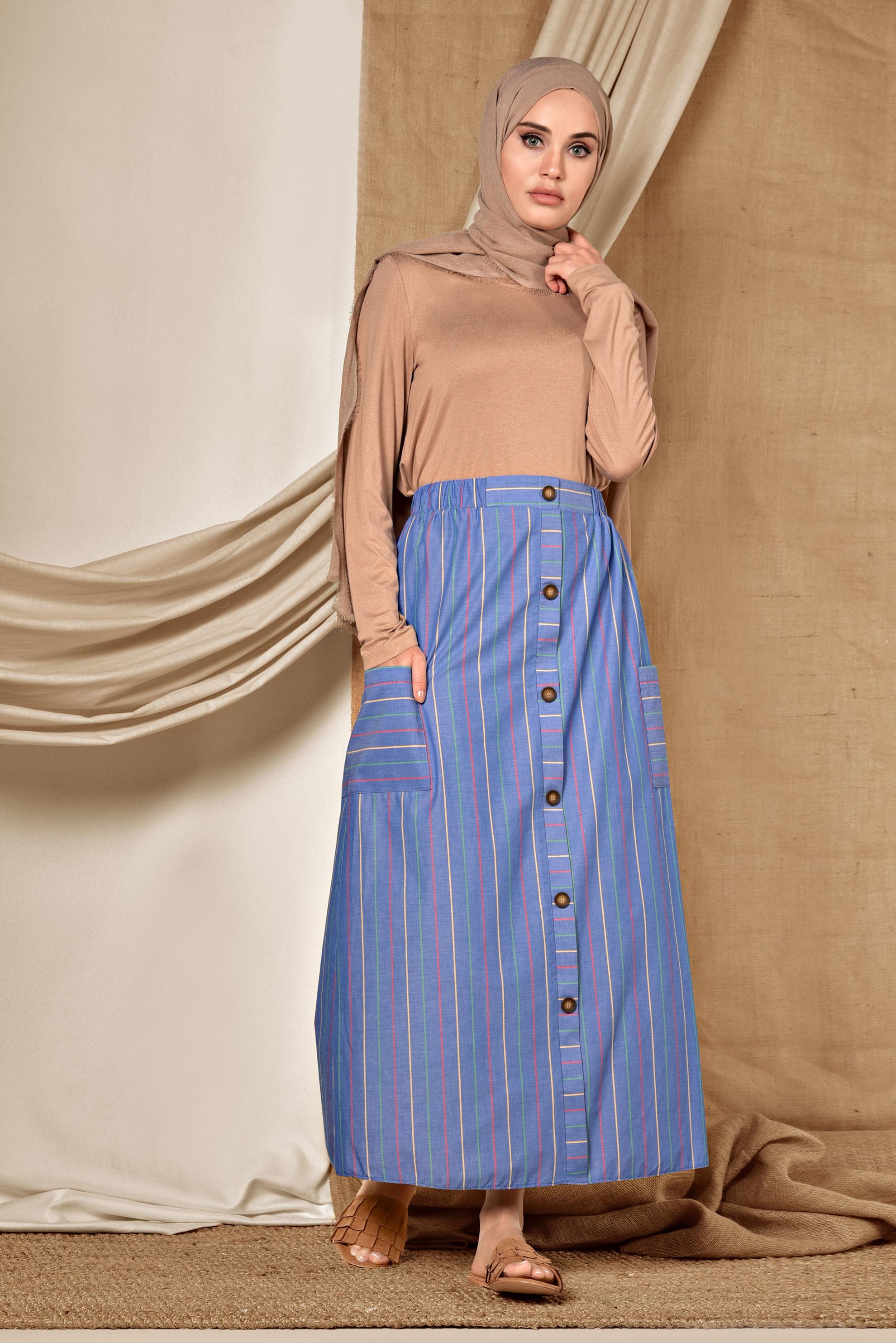 Tesettür giyim LACİVERT ÇİZGİ DESENLİ VE ÖNDEN DÜĞMELİ ETEK 6341