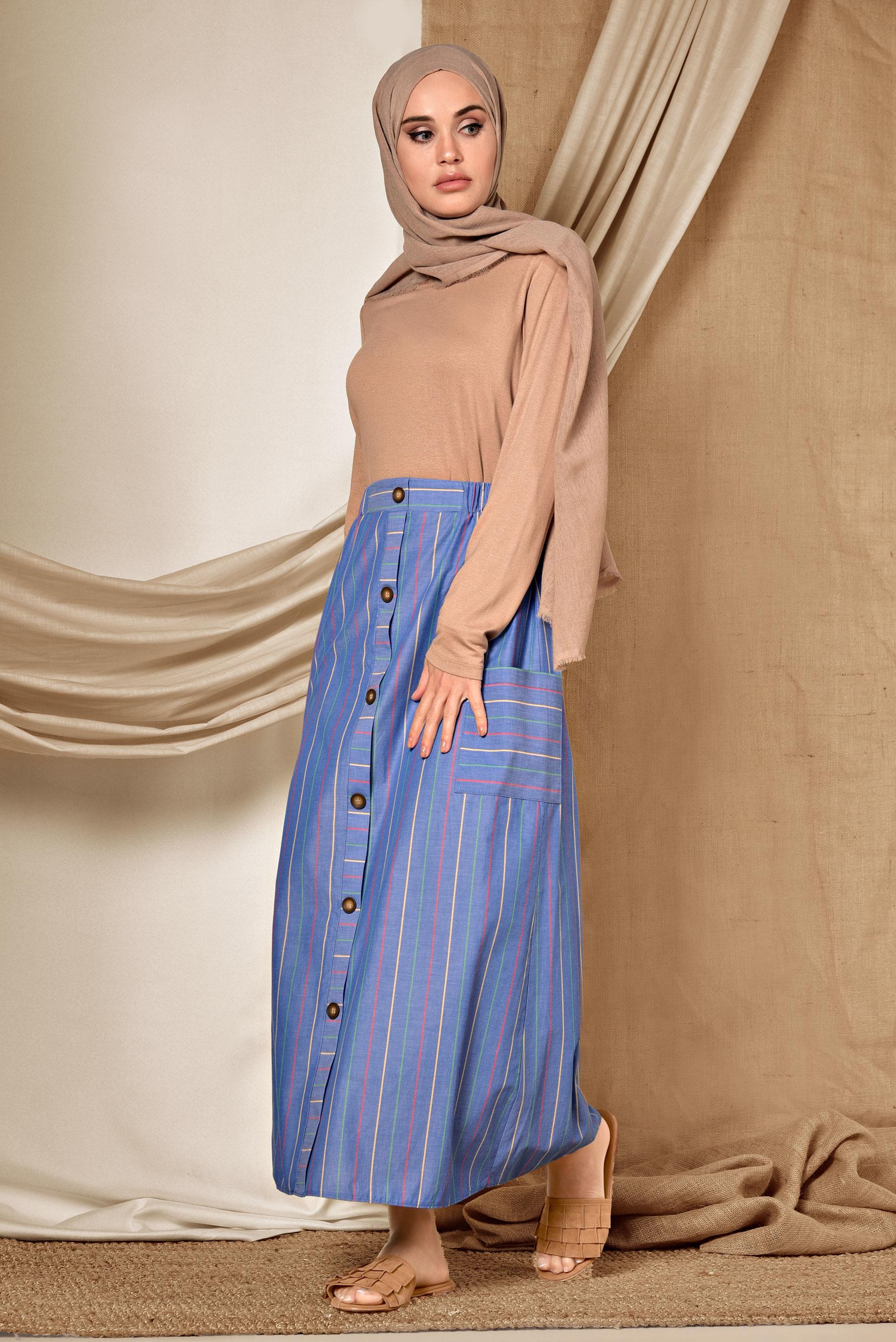 Tesettür giyim LACİVERT ÇİZGİ DESENLİ VE ÖNDEN DÜĞMELİ ETEK 6341