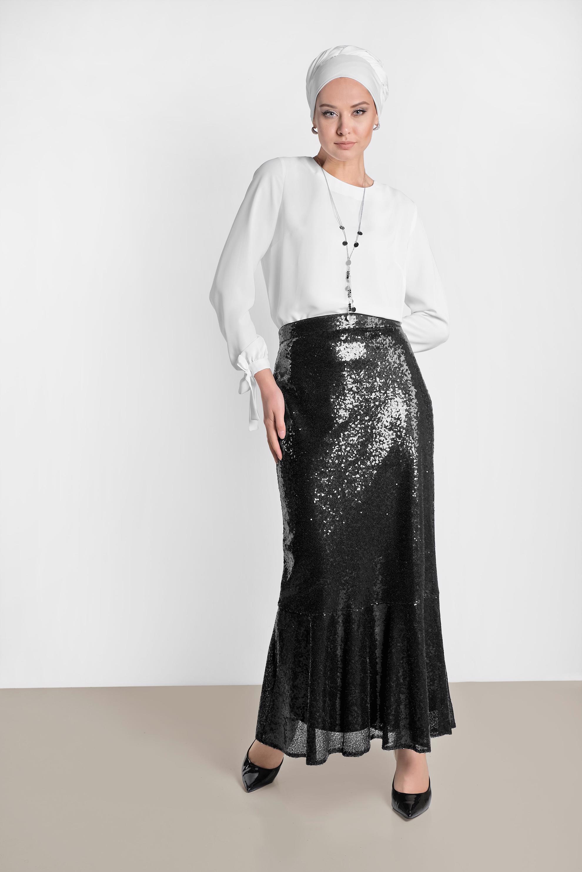 Tesettür giyim SİYAH ETEK UCU VOLANLI PULLU ETEK 6342