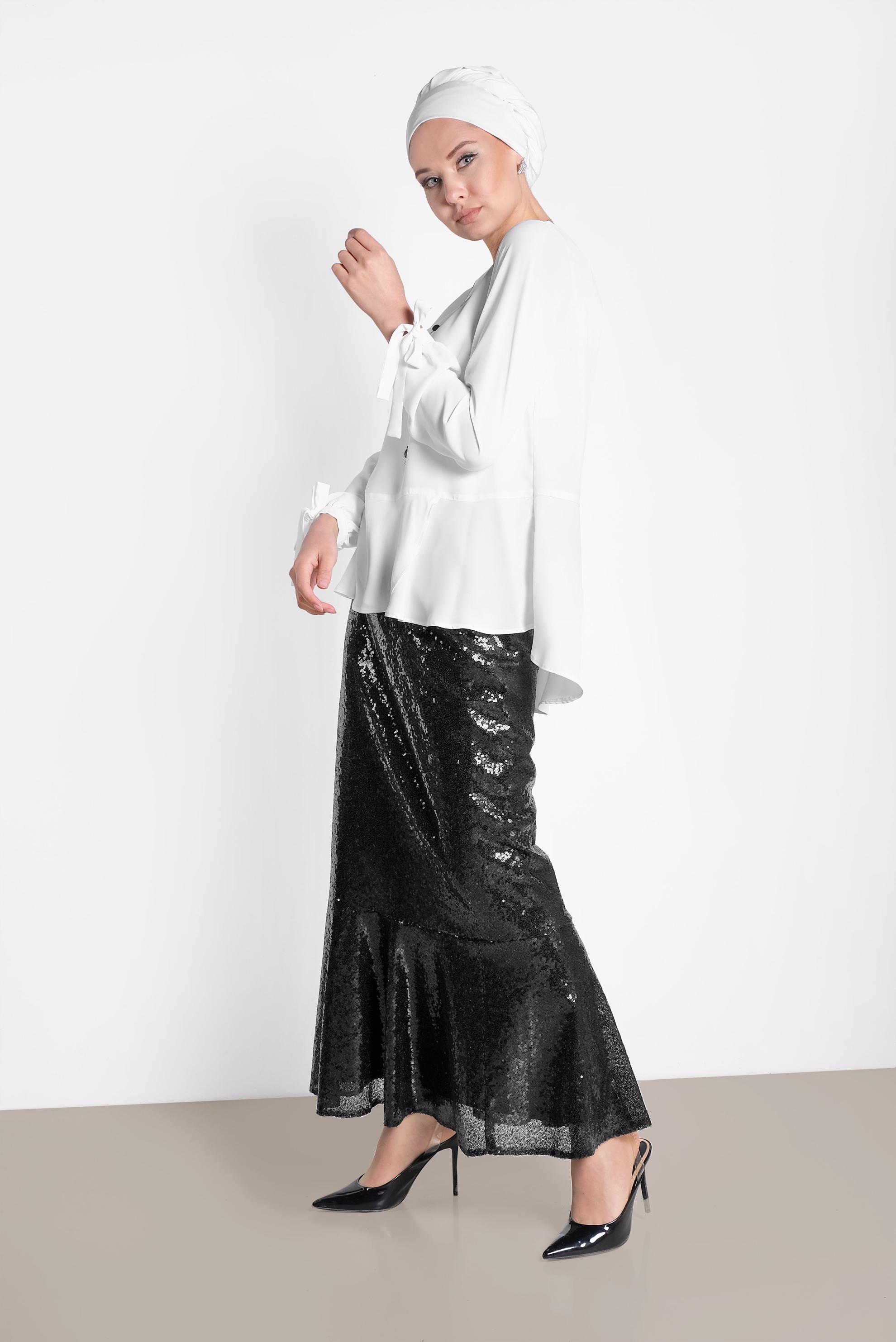 Tesettür giyim SİYAH ETEK UCU VOLANLI PULLU ETEK 6342