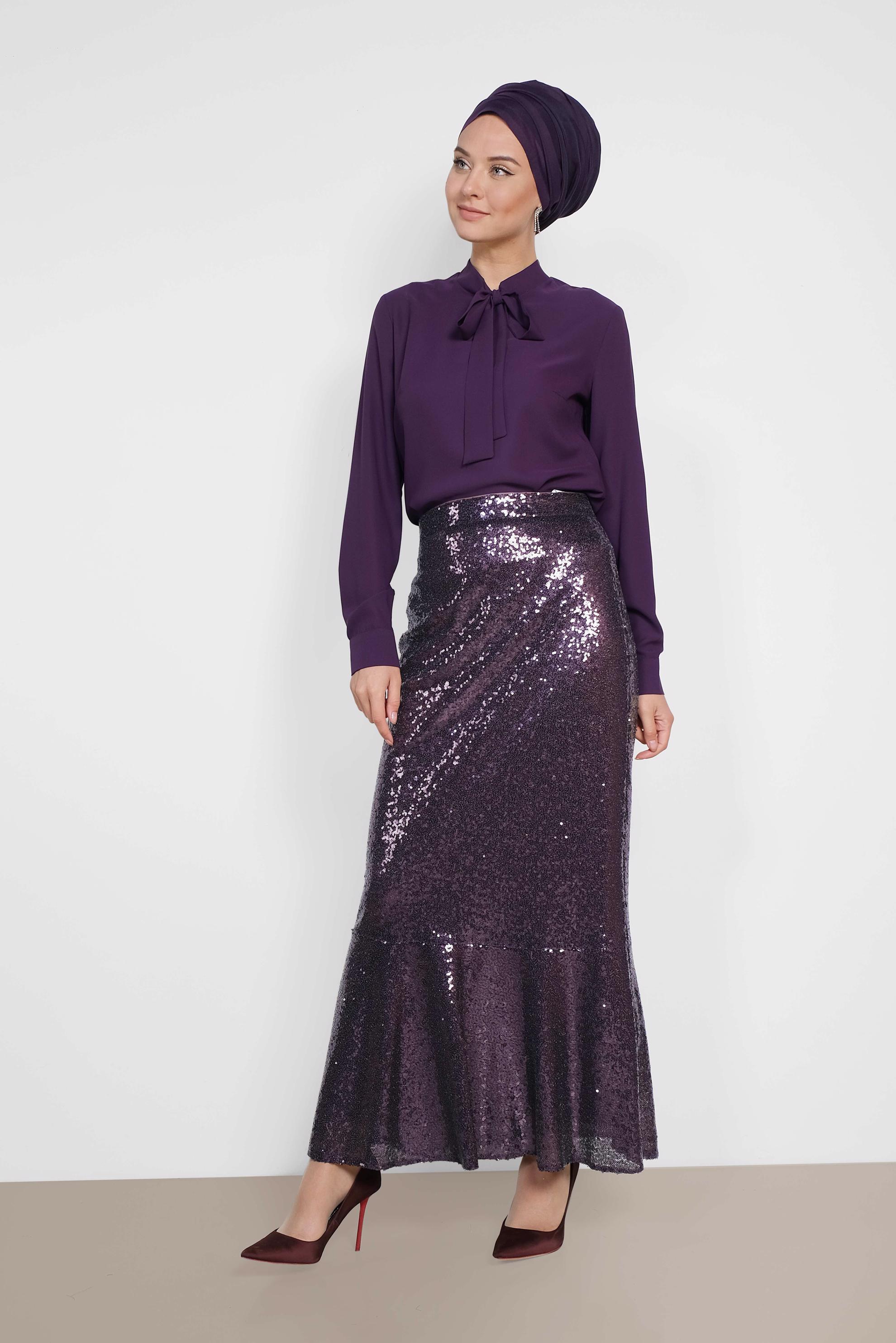 Tesettür giyim MOR ETEK UCU VOLANLI PULLU ETEK 6342
