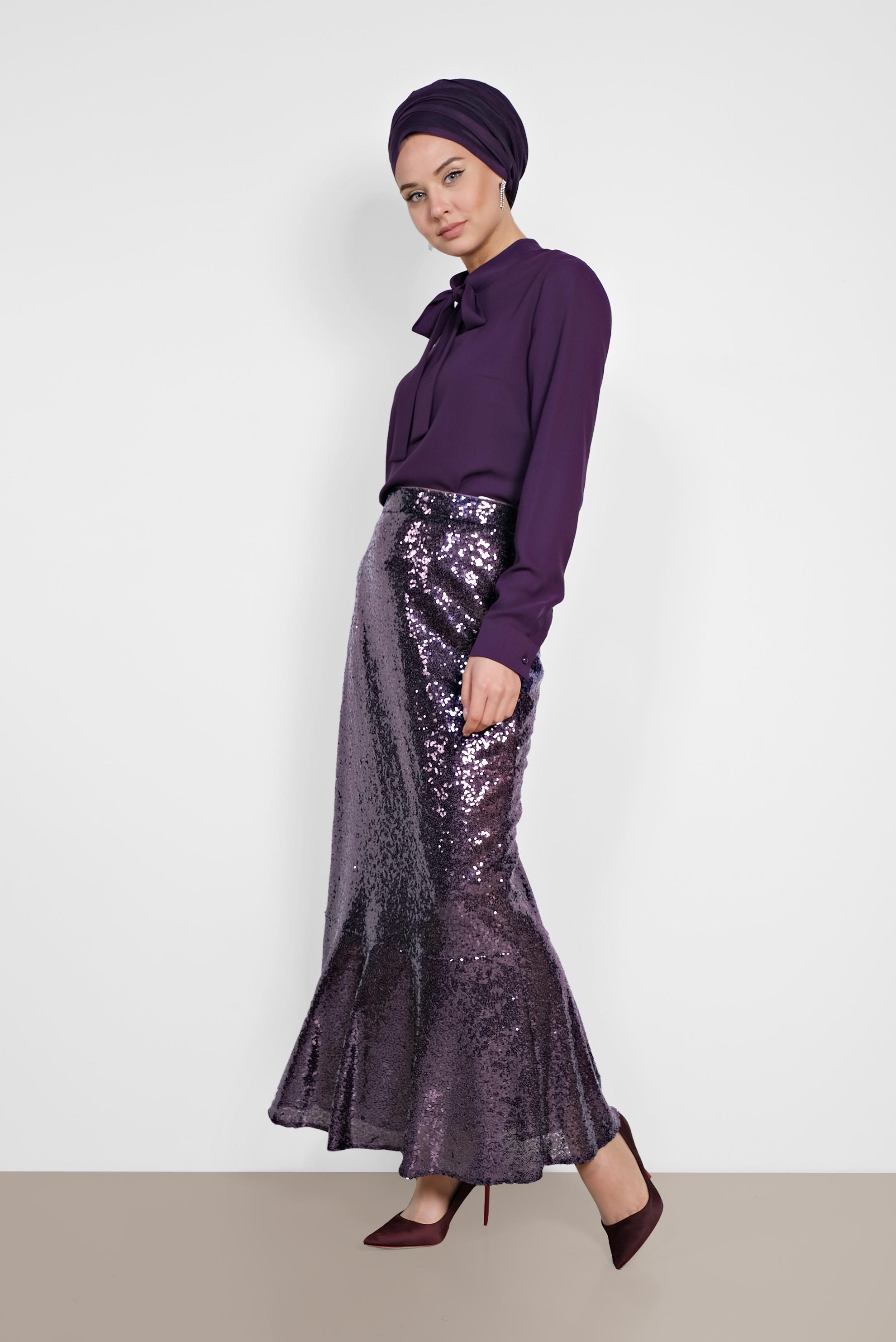 Tesettür giyim MOR ETEK UCU VOLANLI PULLU ETEK 6342