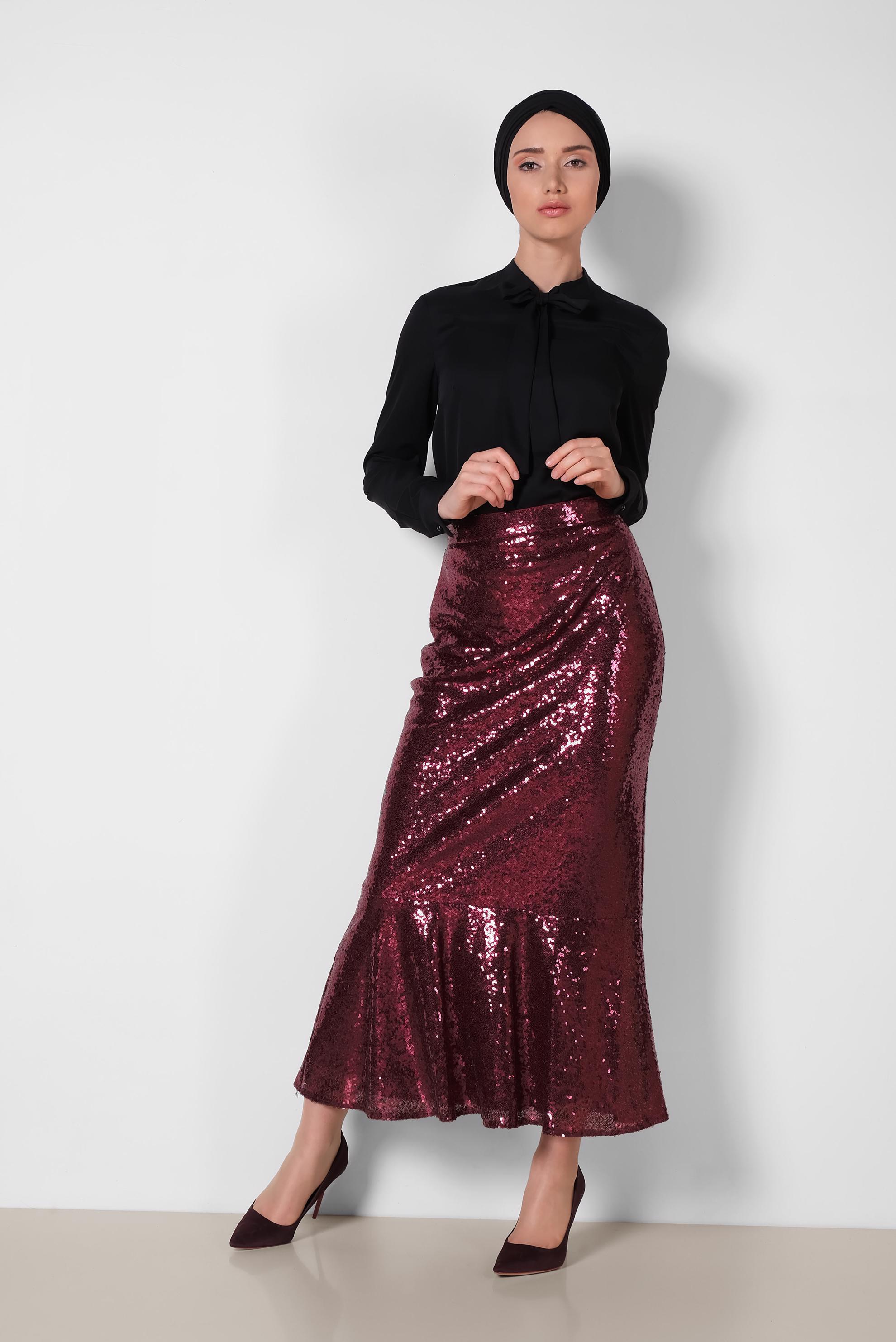 Tesettür giyim BORDO ETEK UCU VOLANLI PULLU ETEK 6342