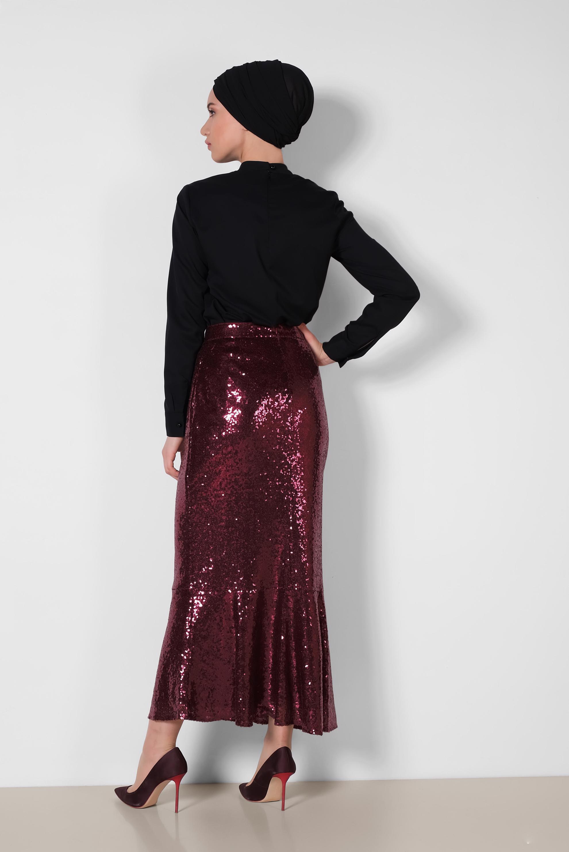 Tesettür giyim BORDO ETEK UCU VOLANLI PULLU ETEK 6342