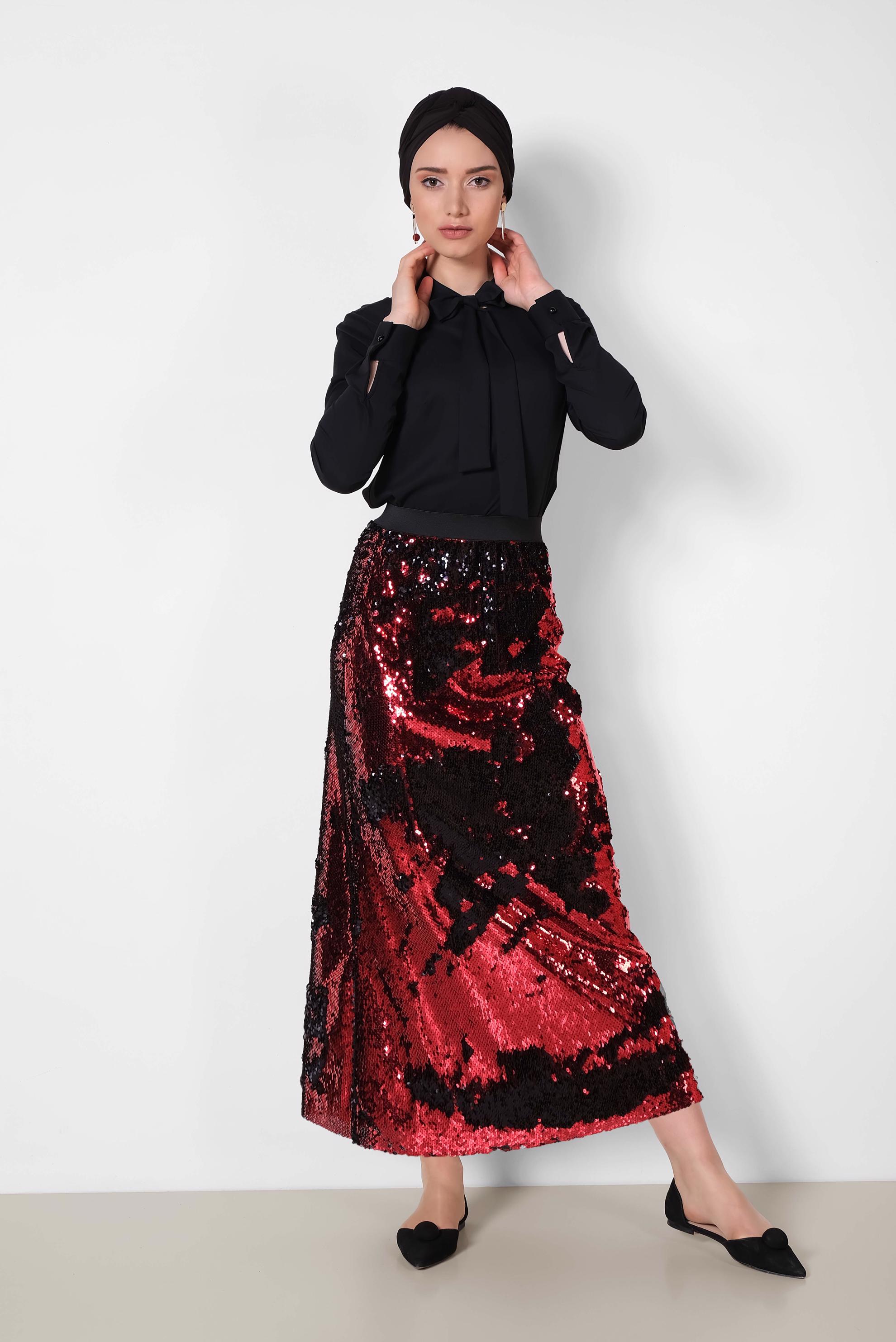 Tesettür giyim SİYAH BELİ LASTİKLİ PUL PAYET ETEK 6347