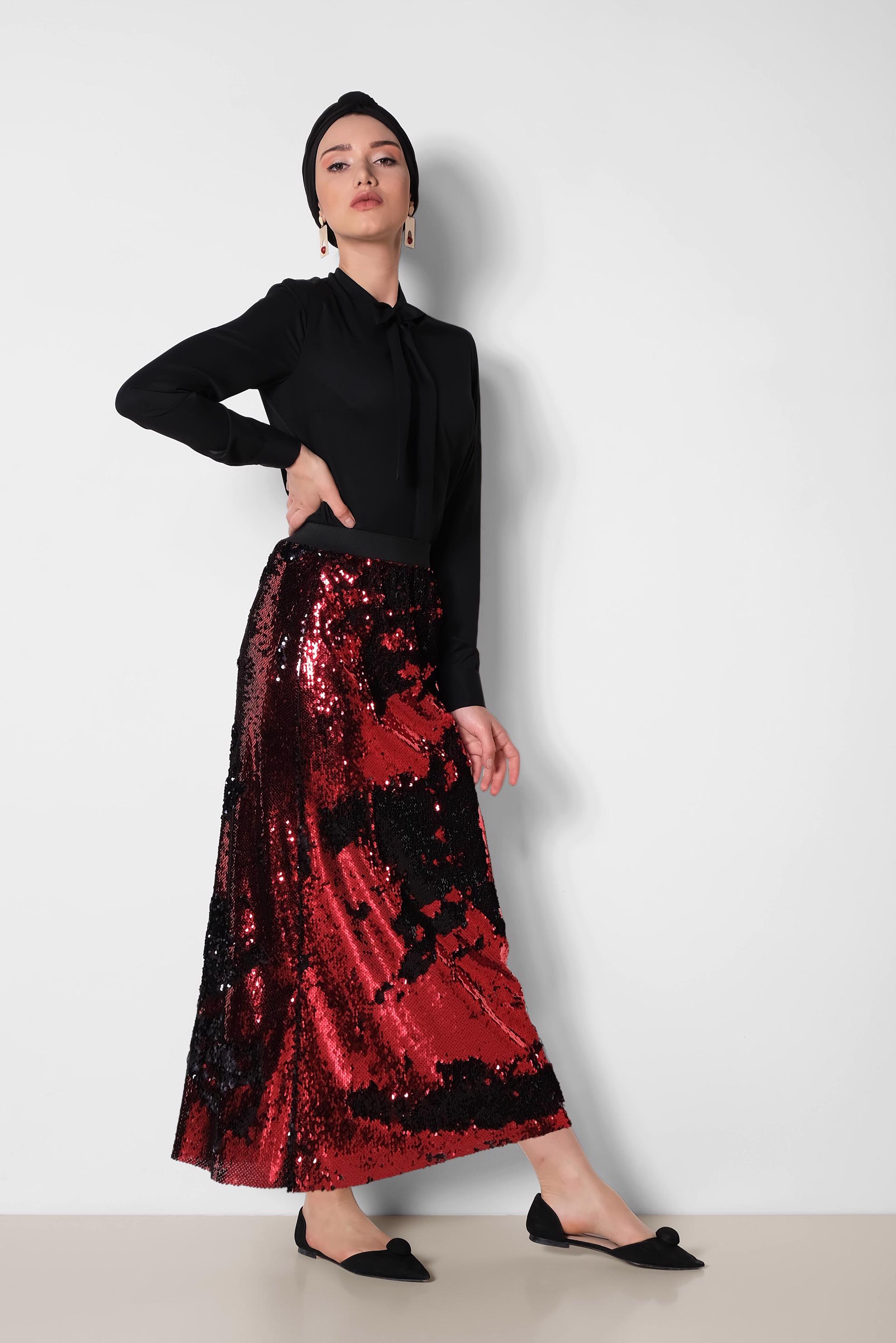 Tesettür giyim SİYAH BELİ LASTİKLİ PUL PAYET ETEK 6347