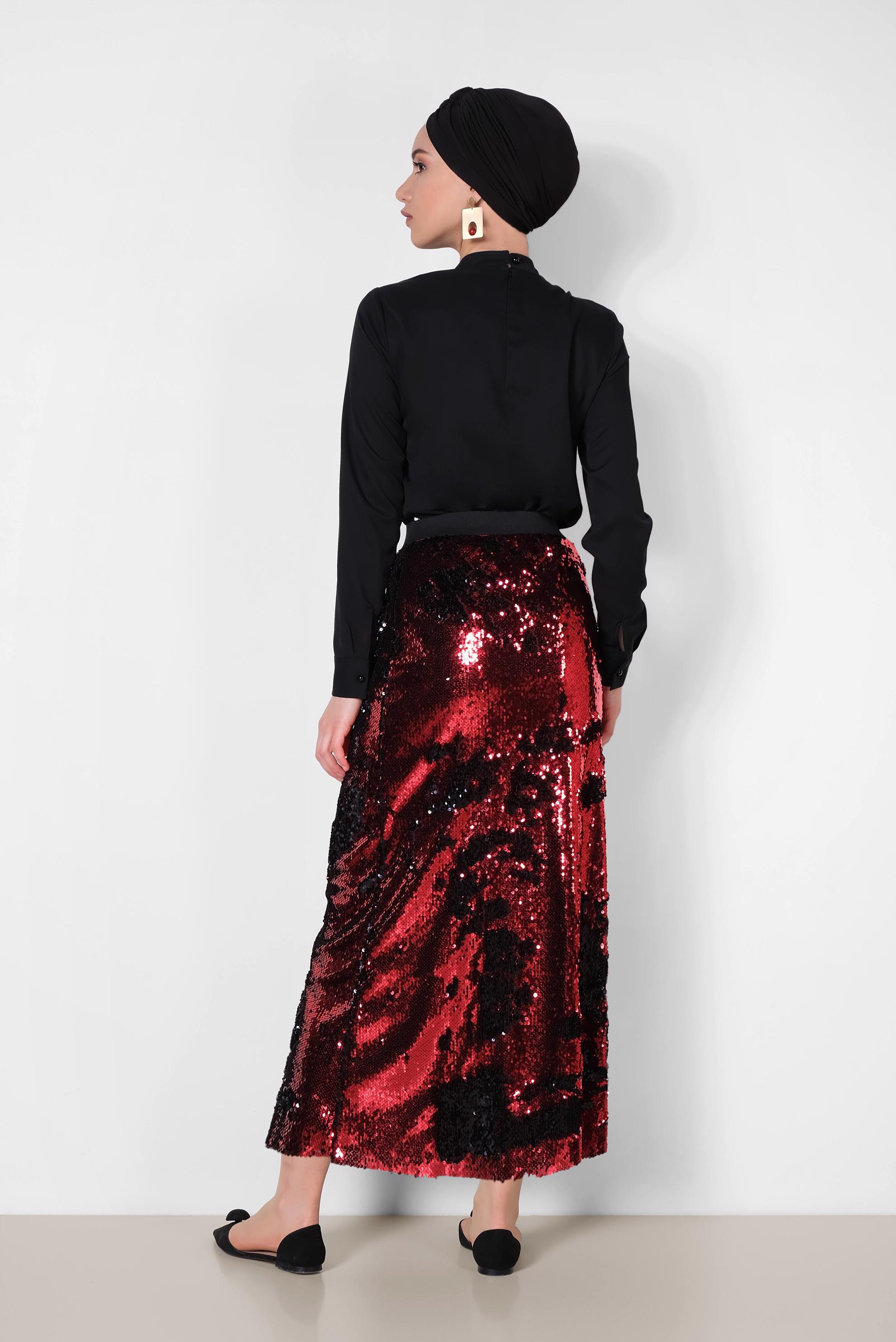 Tesettür giyim SİYAH BELİ LASTİKLİ PUL PAYET ETEK 6347