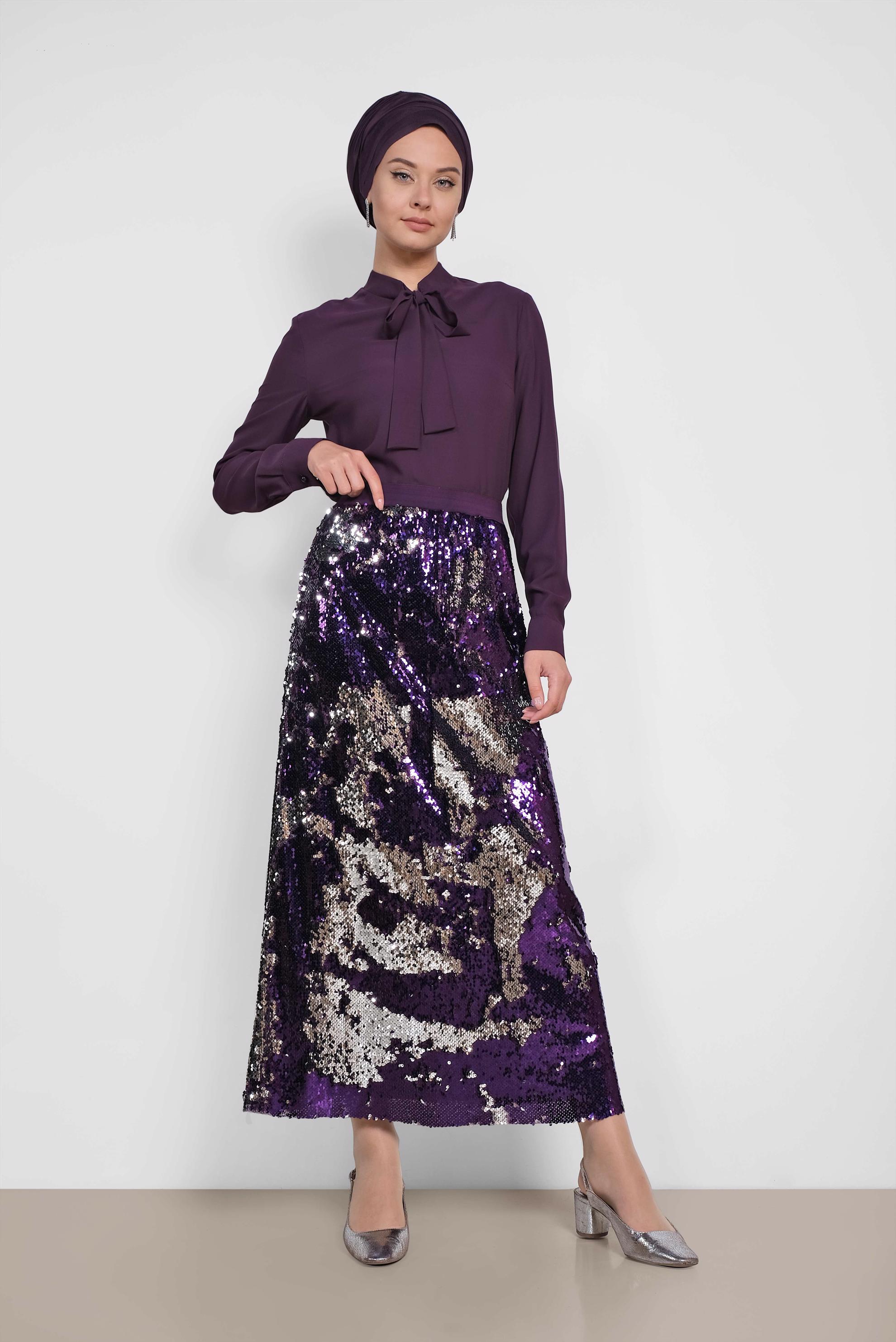 Tesettür giyim MOR BELİ LASTİKLİ PUL PAYET ETEK 6347