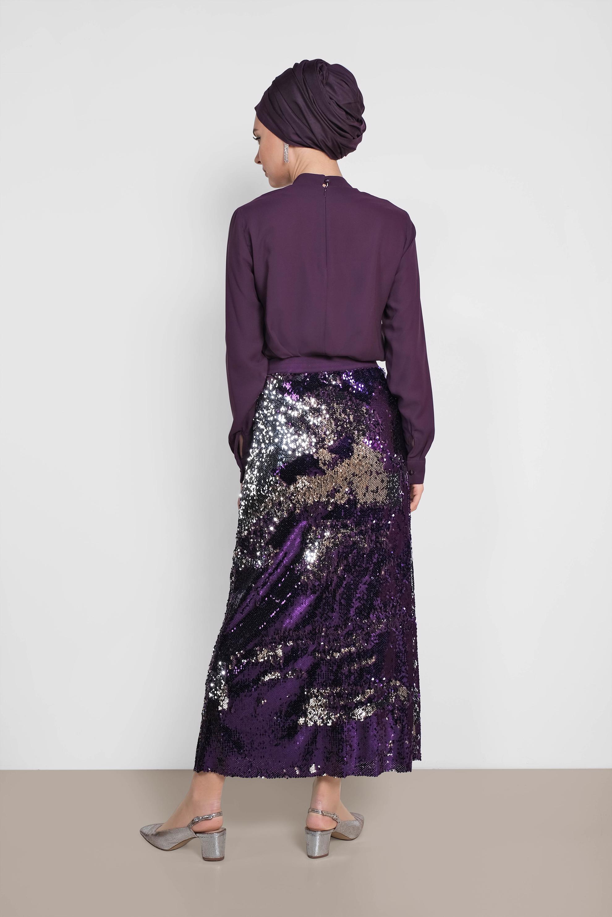 Tesettür giyim MOR BELİ LASTİKLİ PUL PAYET ETEK 6347