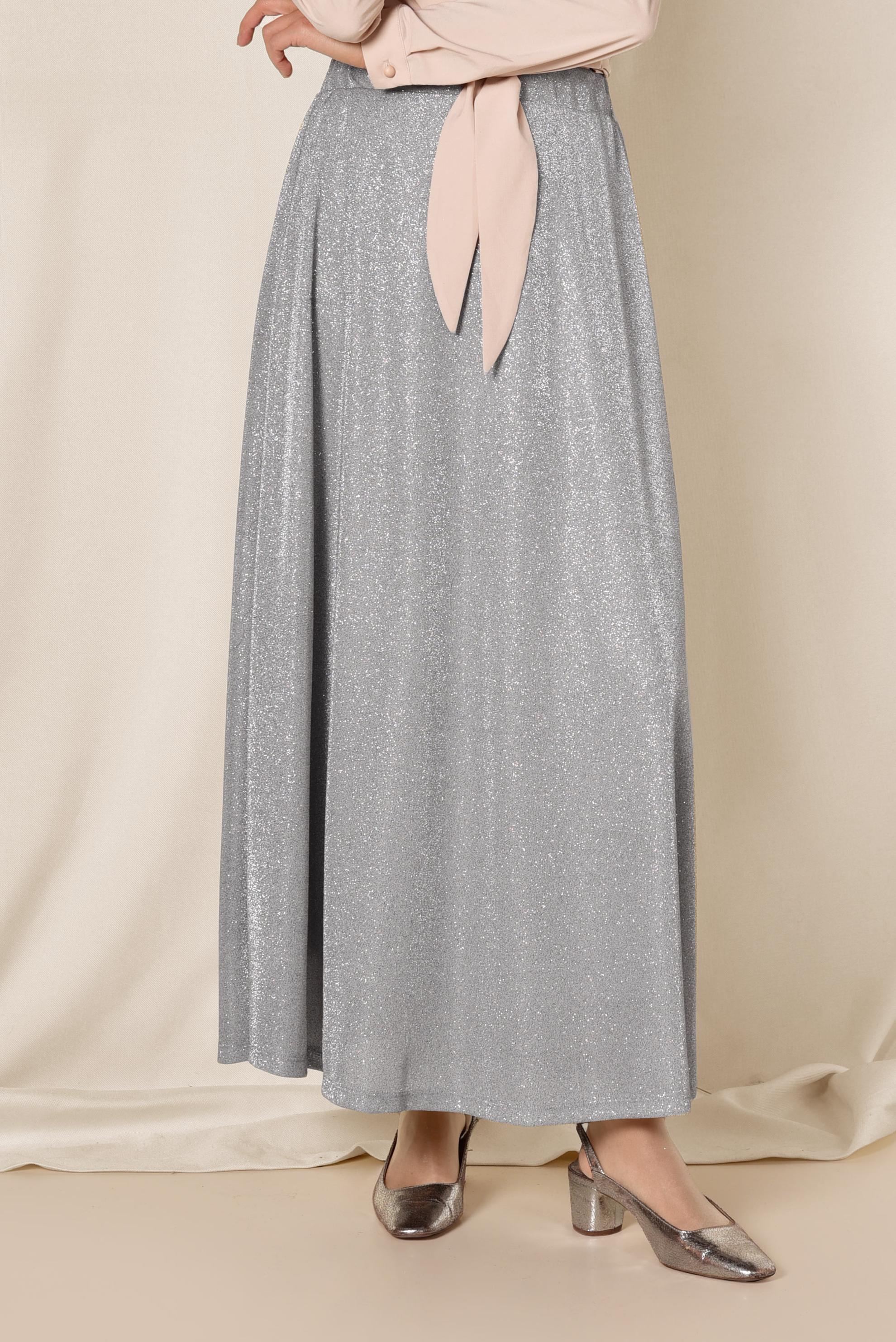 Tesettür giyim GÜMÜŞ BELİ LASTİKLİ SİMLİ ETEK 6348