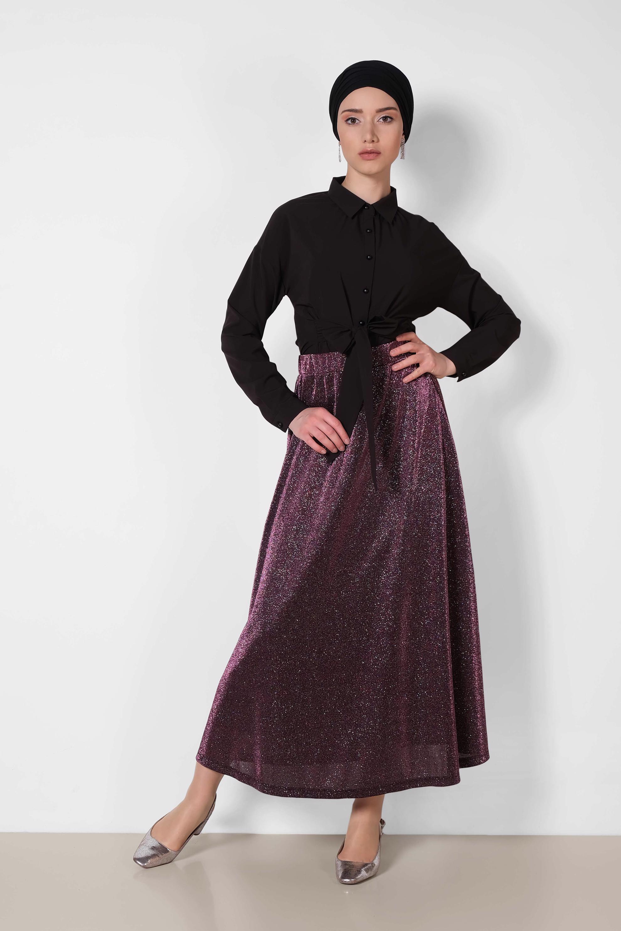 Tesettür giyim MÜRDÜM BELİ LASTİKLİ SİMLİ ETEK 6348