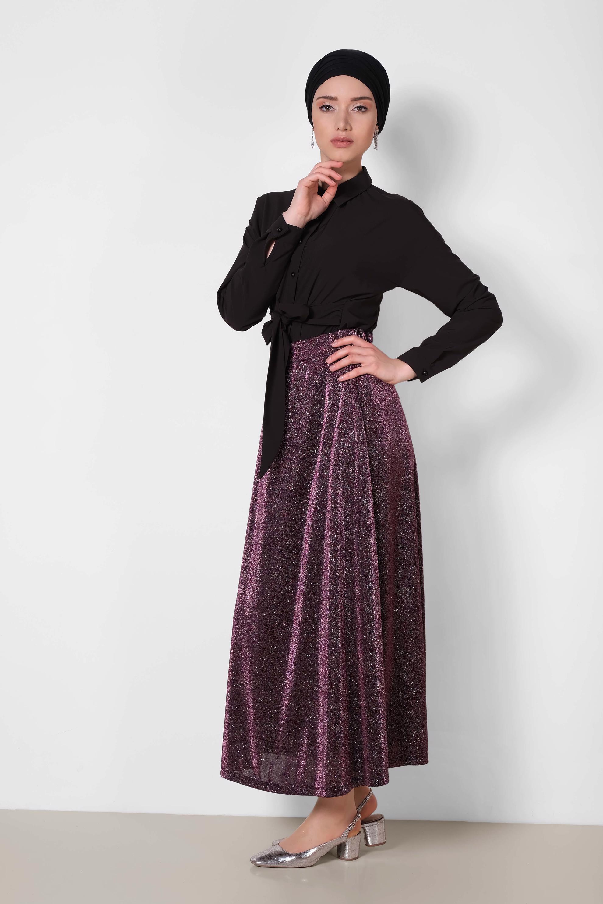 Tesettür giyim MÜRDÜM BELİ LASTİKLİ SİMLİ ETEK 6348