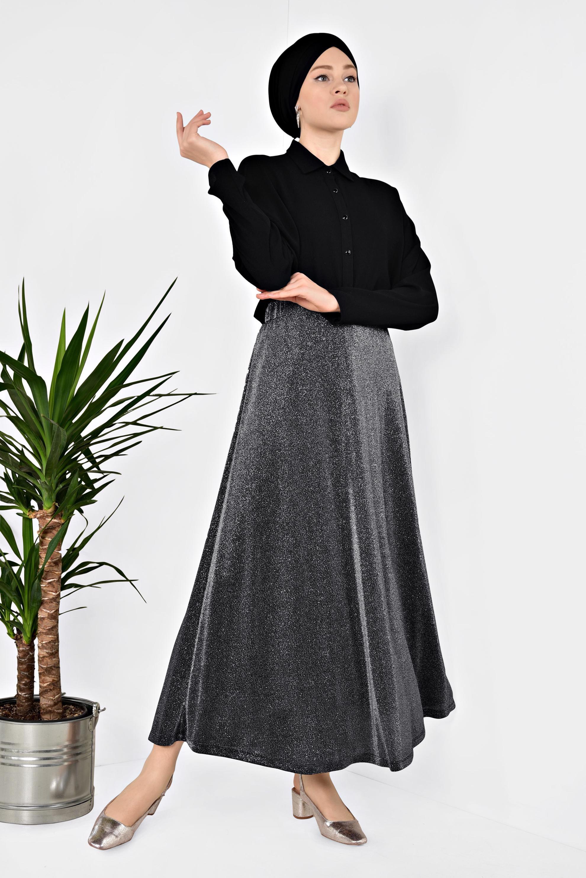 Tesettür giyim GRİ BELİ LASTİKLİ SİMLİ ETEK 6348