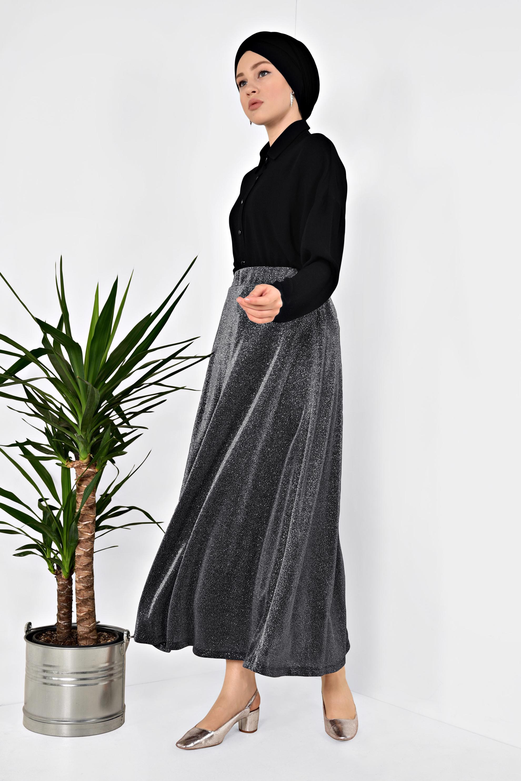 Tesettür giyim GRİ BELİ LASTİKLİ SİMLİ ETEK 6348