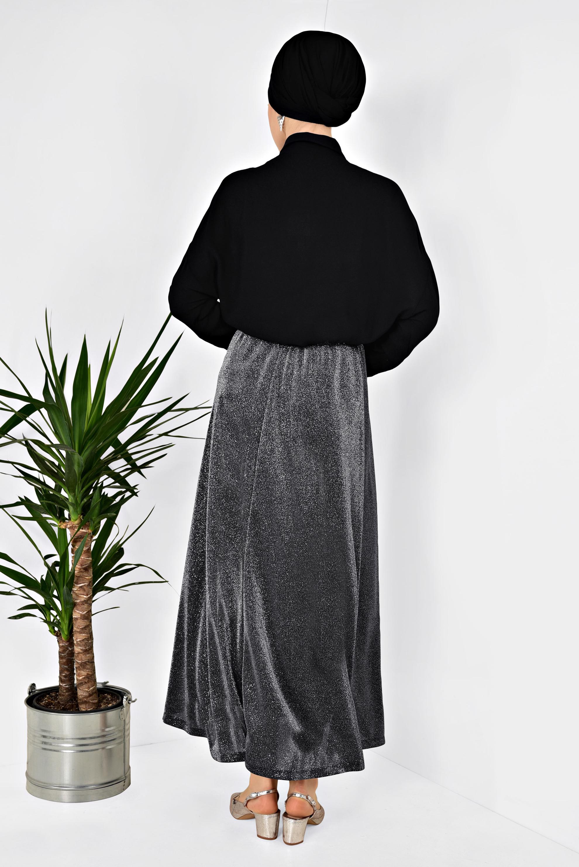 Tesettür giyim GRİ BELİ LASTİKLİ SİMLİ ETEK 6348