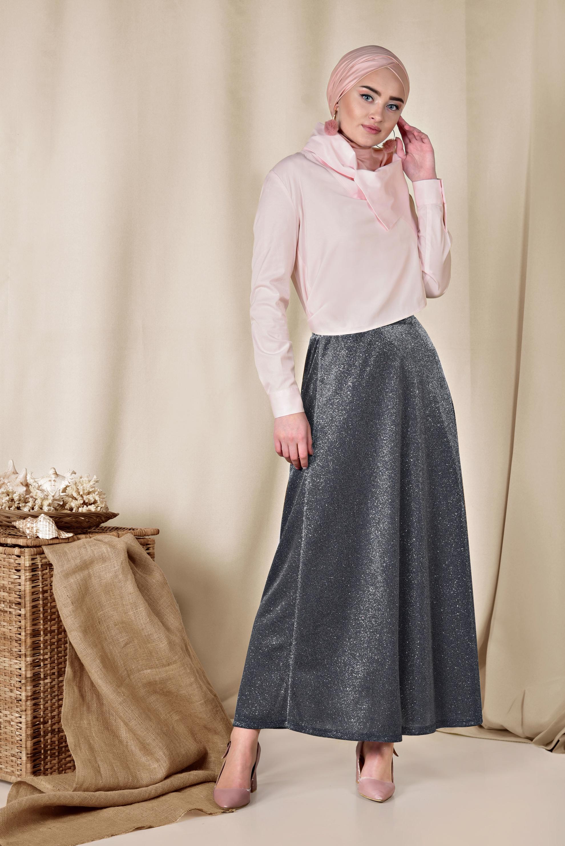 Tesettür giyim LACİVERT BELİ LASTİKLİ SİMLİ ETEK 6348