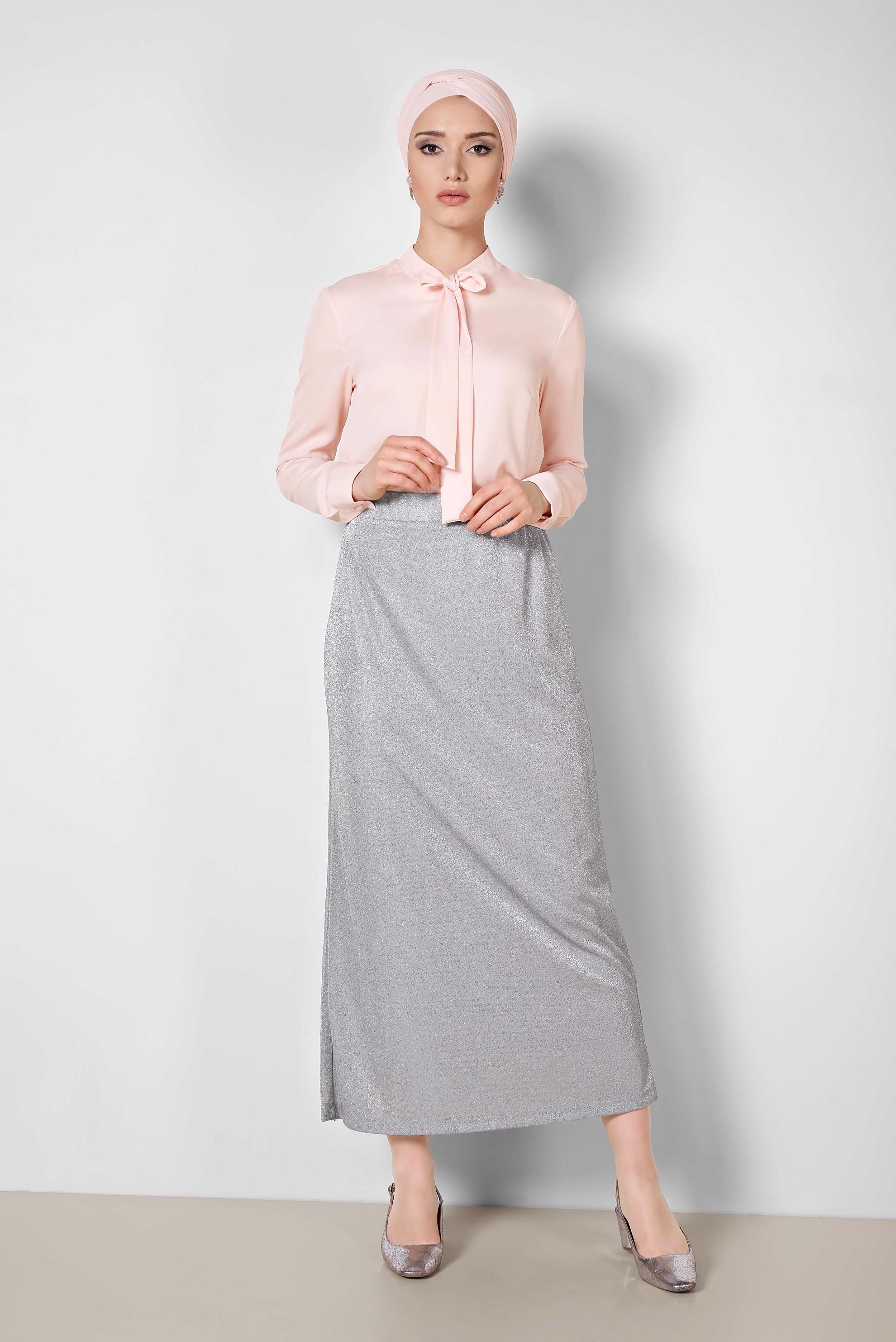 Tesettür giyim GÜMÜŞ BELİ LASTİKLİ SİMLİ ETEK 6349