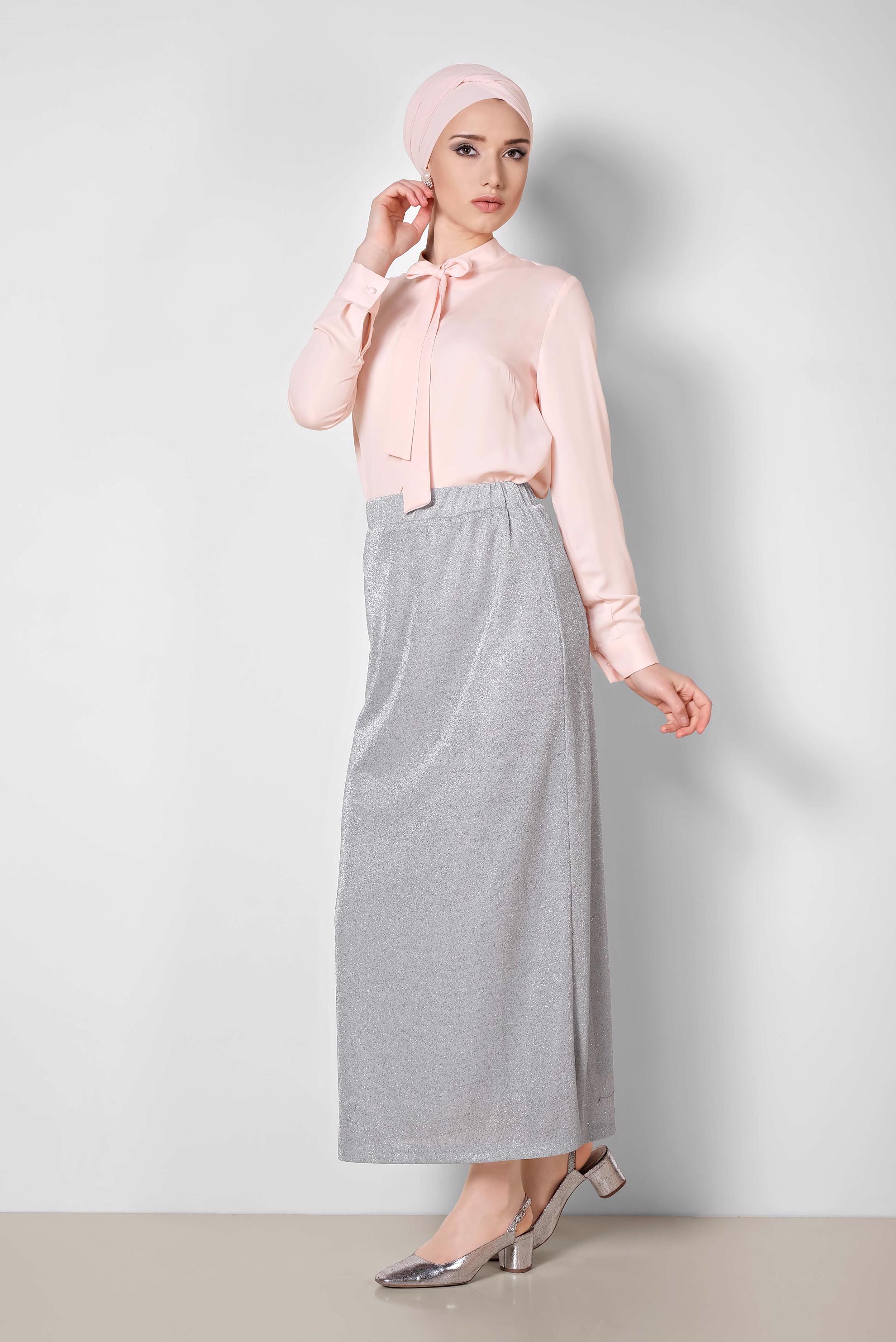 Tesettür giyim GÜMÜŞ BELİ LASTİKLİ SİMLİ ETEK 6349