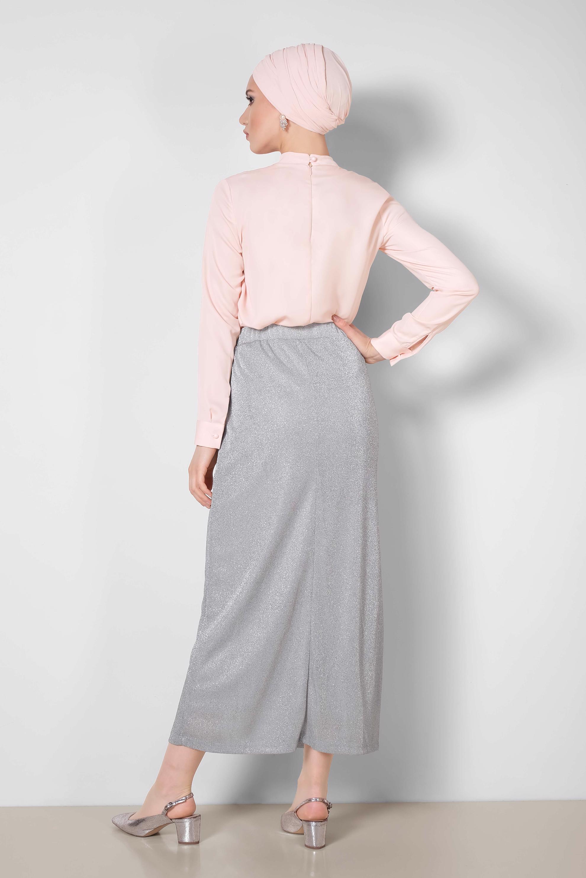 Tesettür giyim GÜMÜŞ BELİ LASTİKLİ SİMLİ ETEK 6349