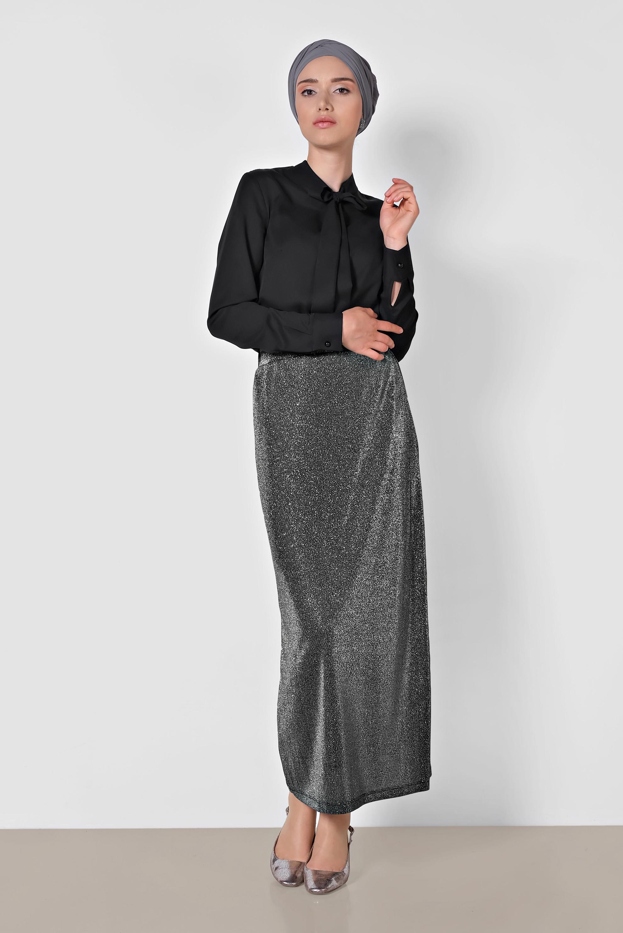 Tesettür giyim GRİ BELİ LASTİKLİ SİMLİ ETEK 6349