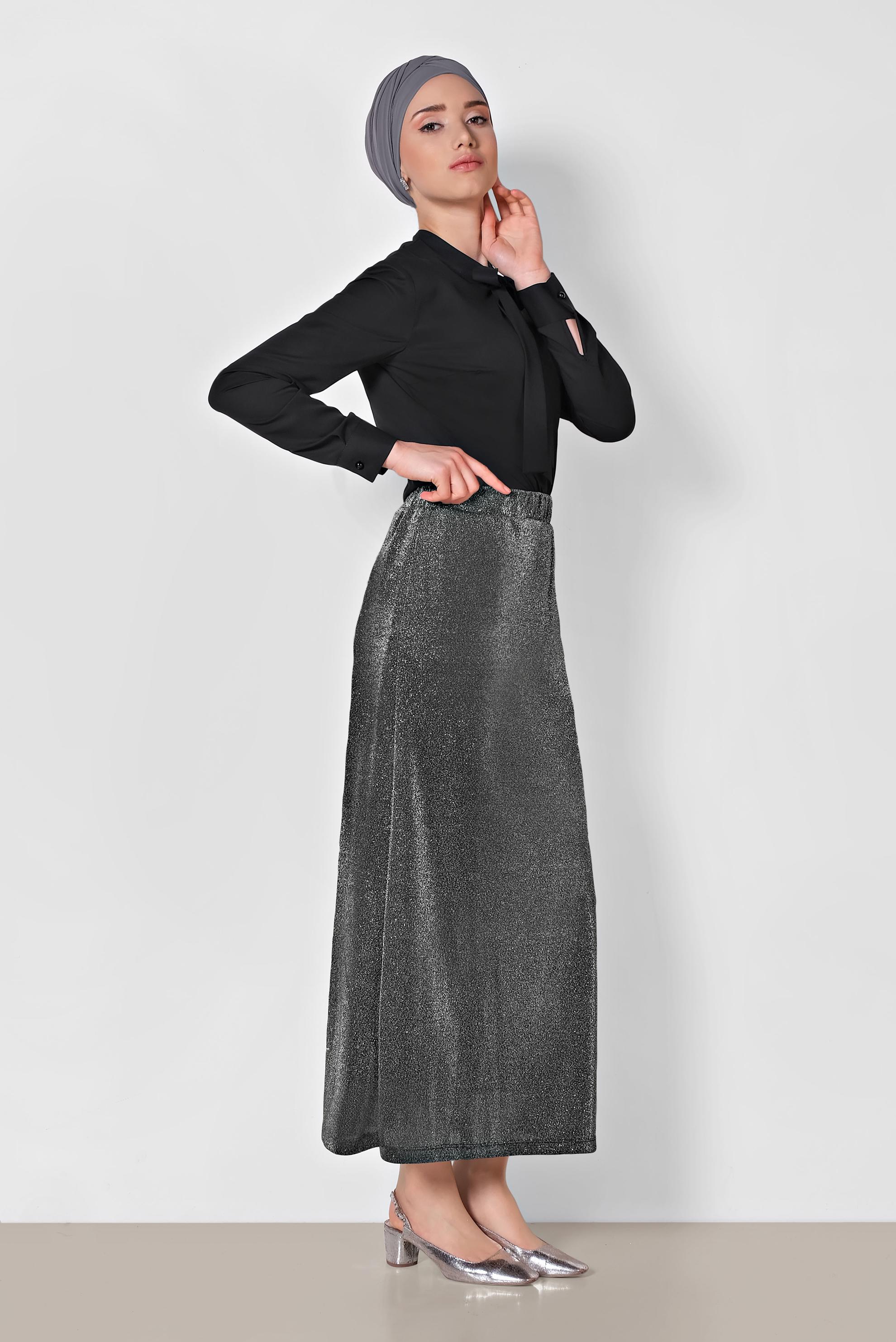 Tesettür giyim GRİ BELİ LASTİKLİ SİMLİ ETEK 6349