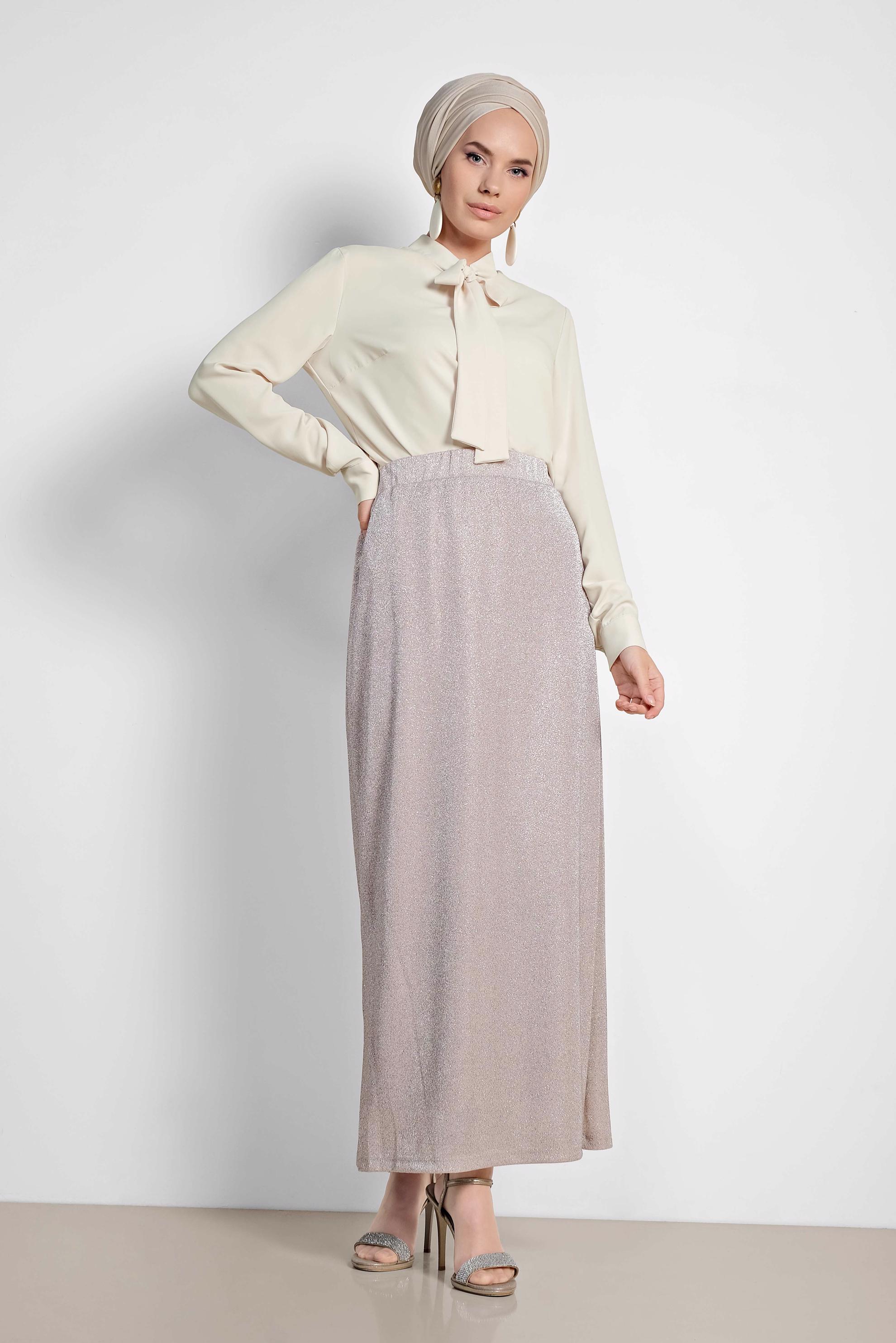 Tesettür giyim EKRU BELİ LASTİKLİ SİMLİ ETEK 6349