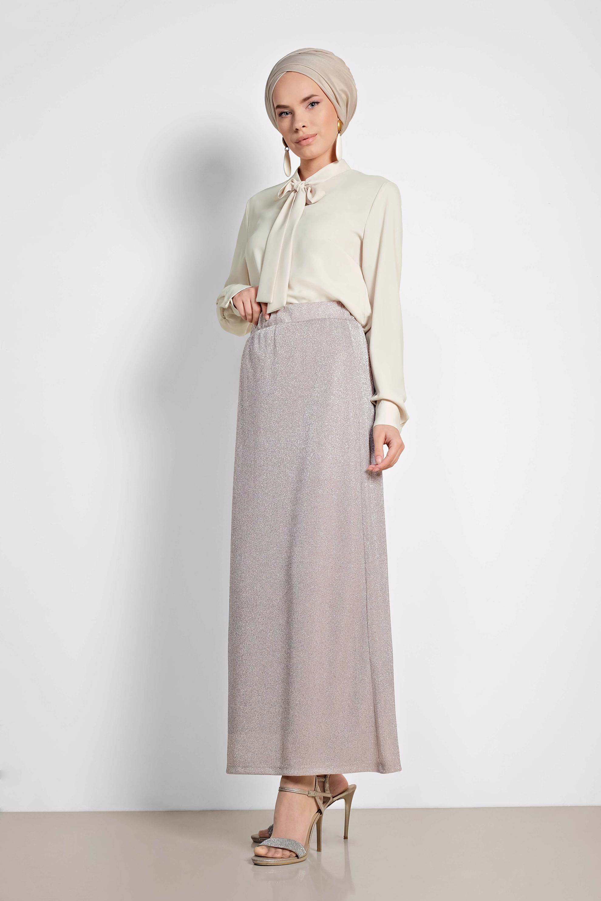 Tesettür giyim EKRU BELİ LASTİKLİ SİMLİ ETEK 6349