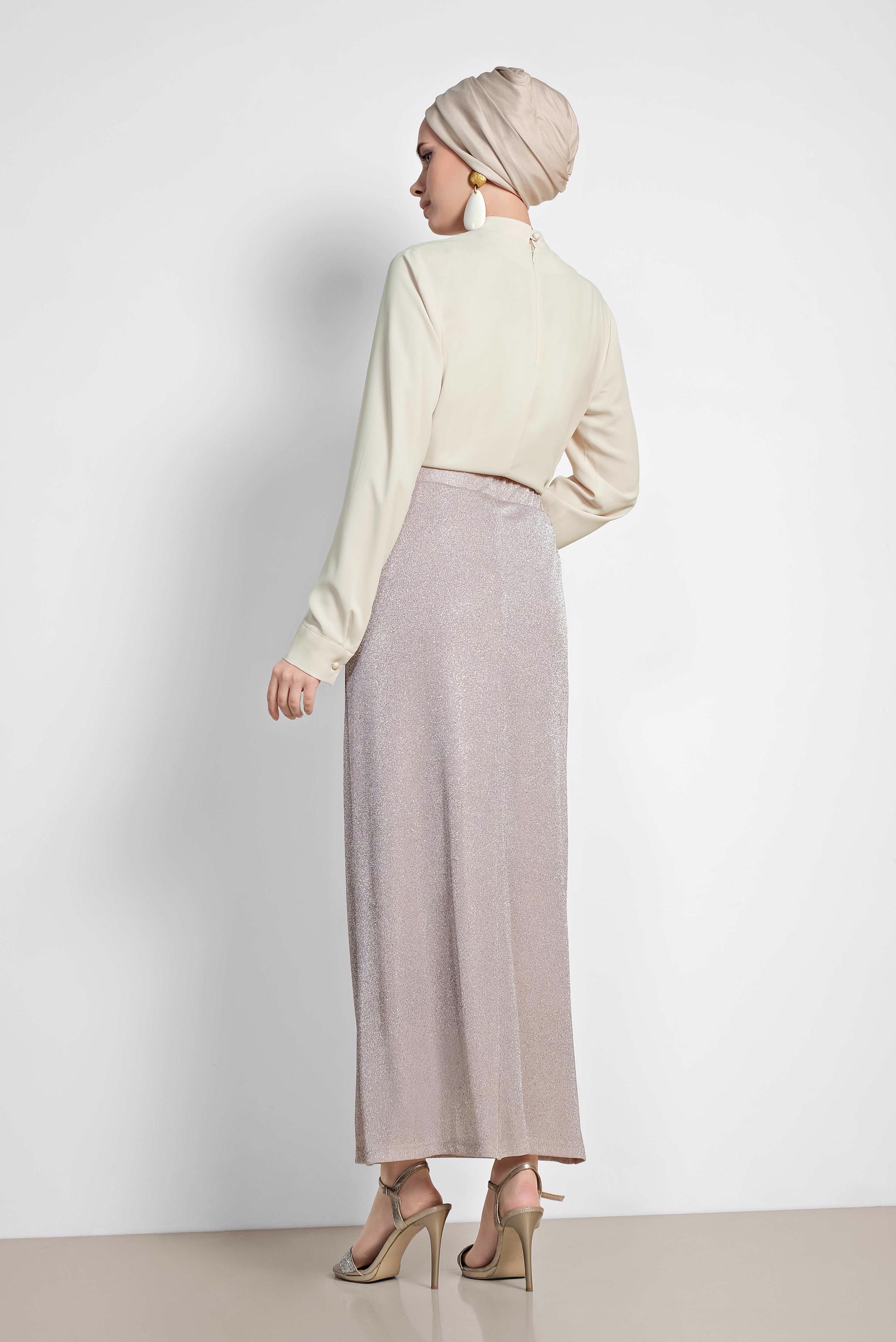 Tesettür giyim EKRU BELİ LASTİKLİ SİMLİ ETEK 6349