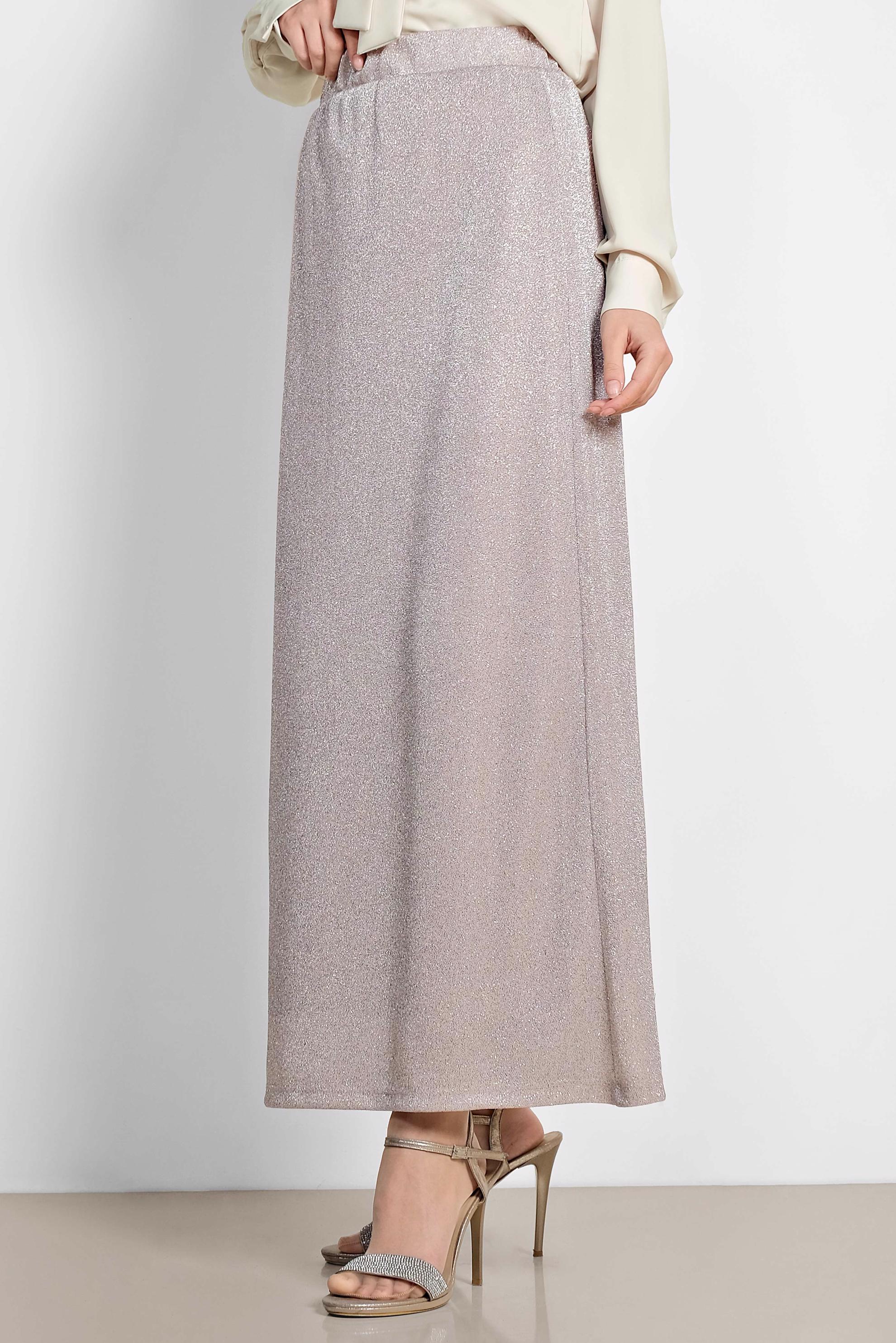 Tesettür giyim EKRU BELİ LASTİKLİ SİMLİ ETEK 6349