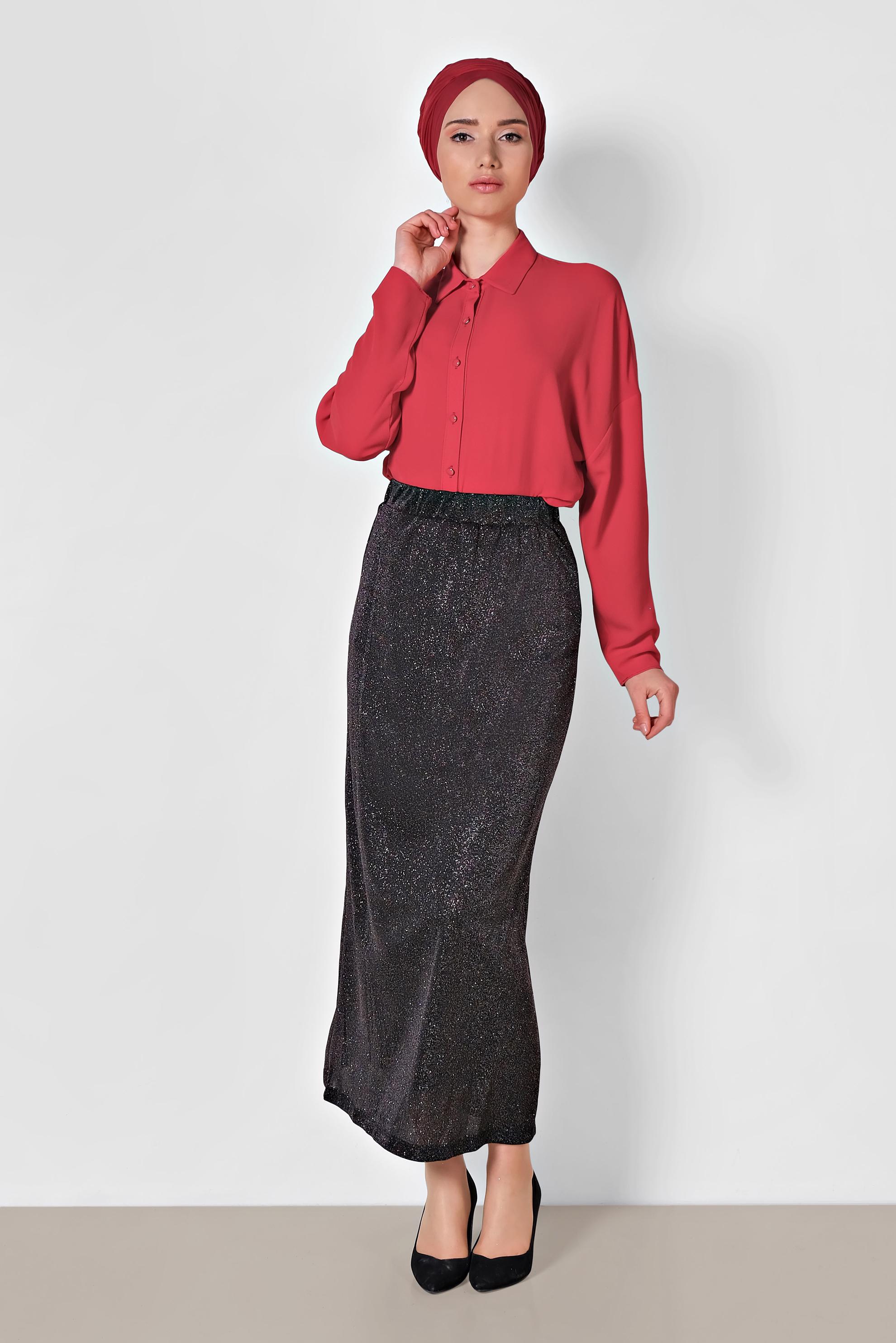 Tesettür giyim SİYAH BELİ LASTİKLİ SİMLİ ETEK 6349