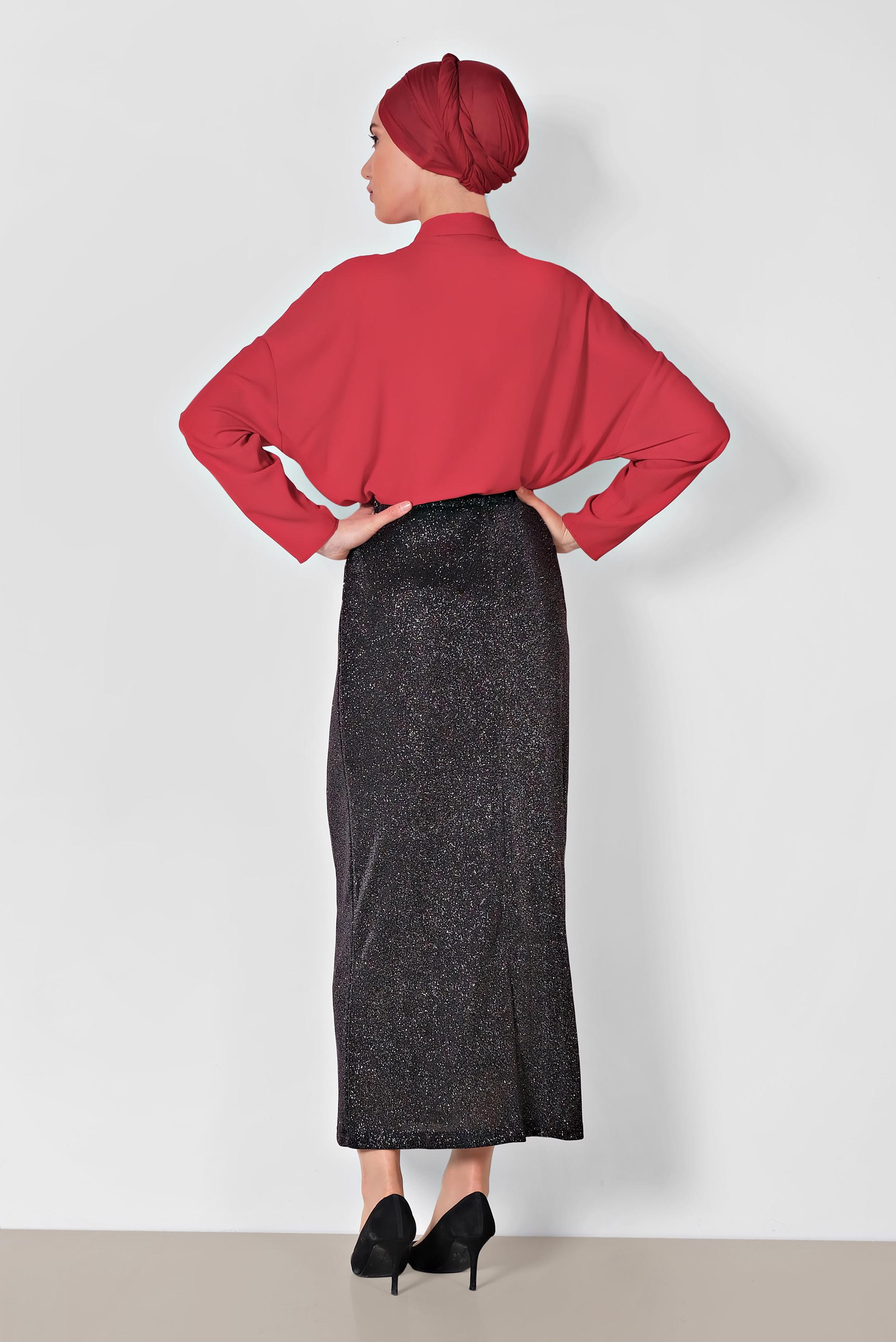 Tesettür giyim SİYAH BELİ LASTİKLİ SİMLİ ETEK 6349