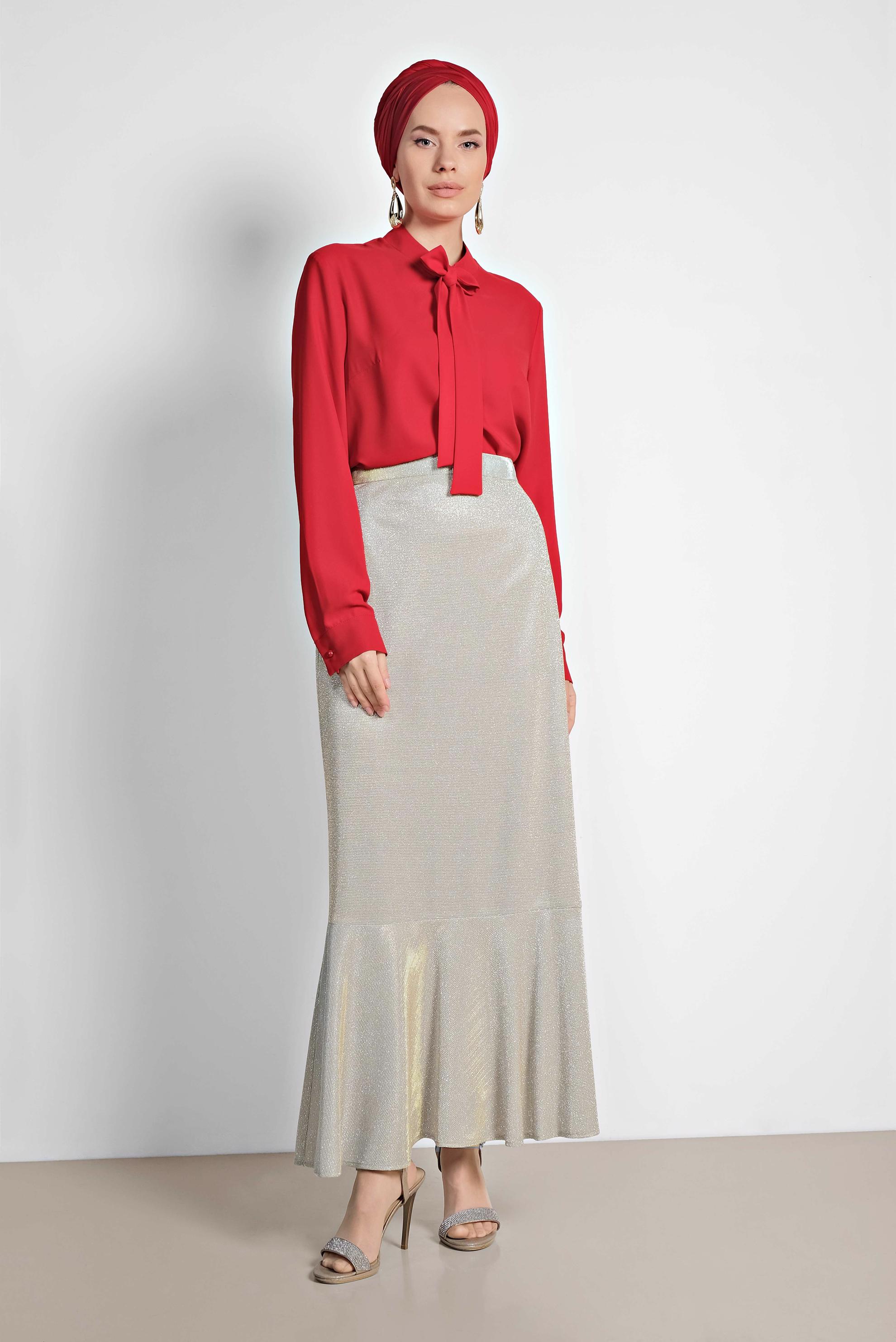 Tesettür giyim BEJ ETEK UCU VOLANLI SİMLİ ETEK 6350