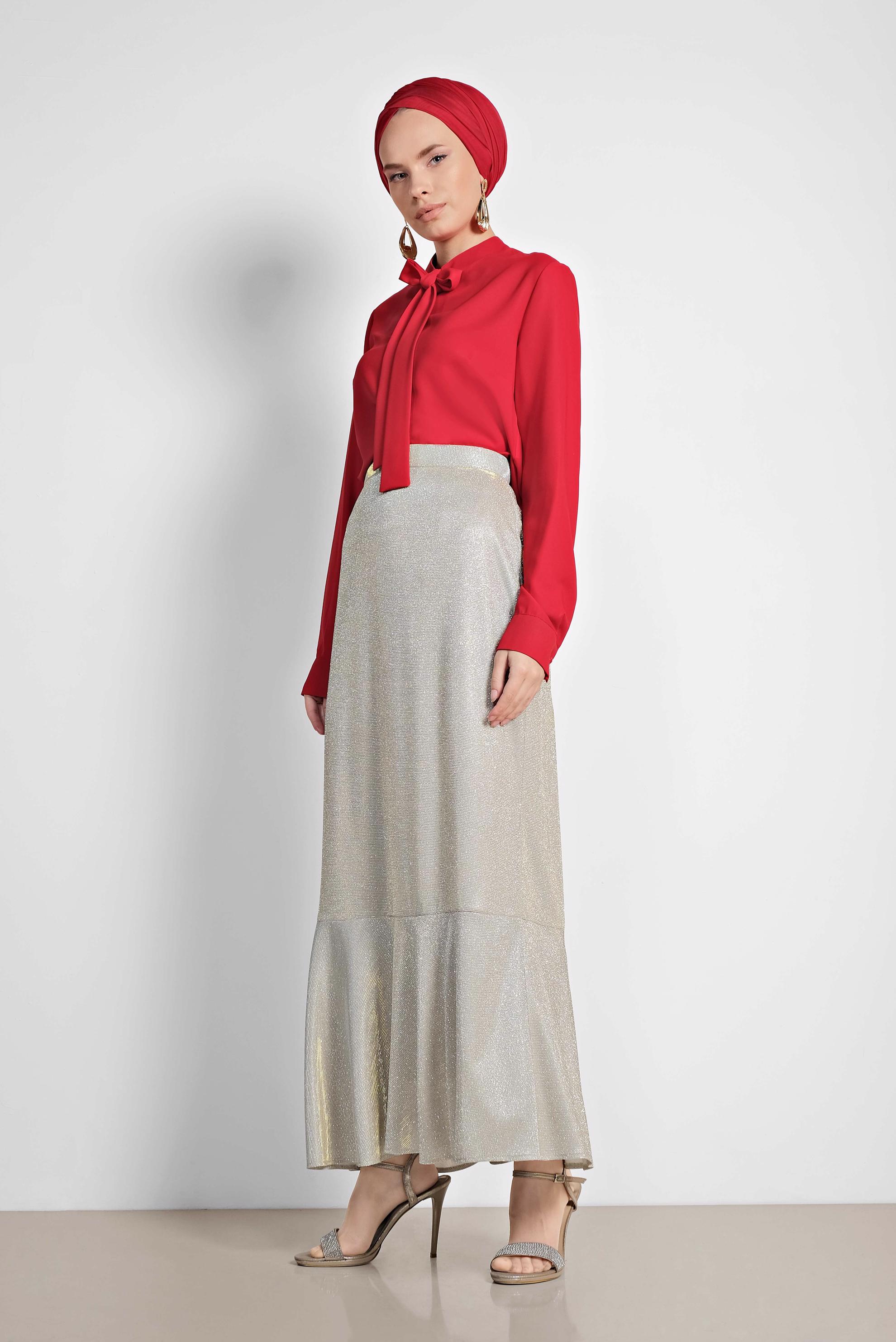 Tesettür giyim BEJ ETEK UCU VOLANLI SİMLİ ETEK 6350