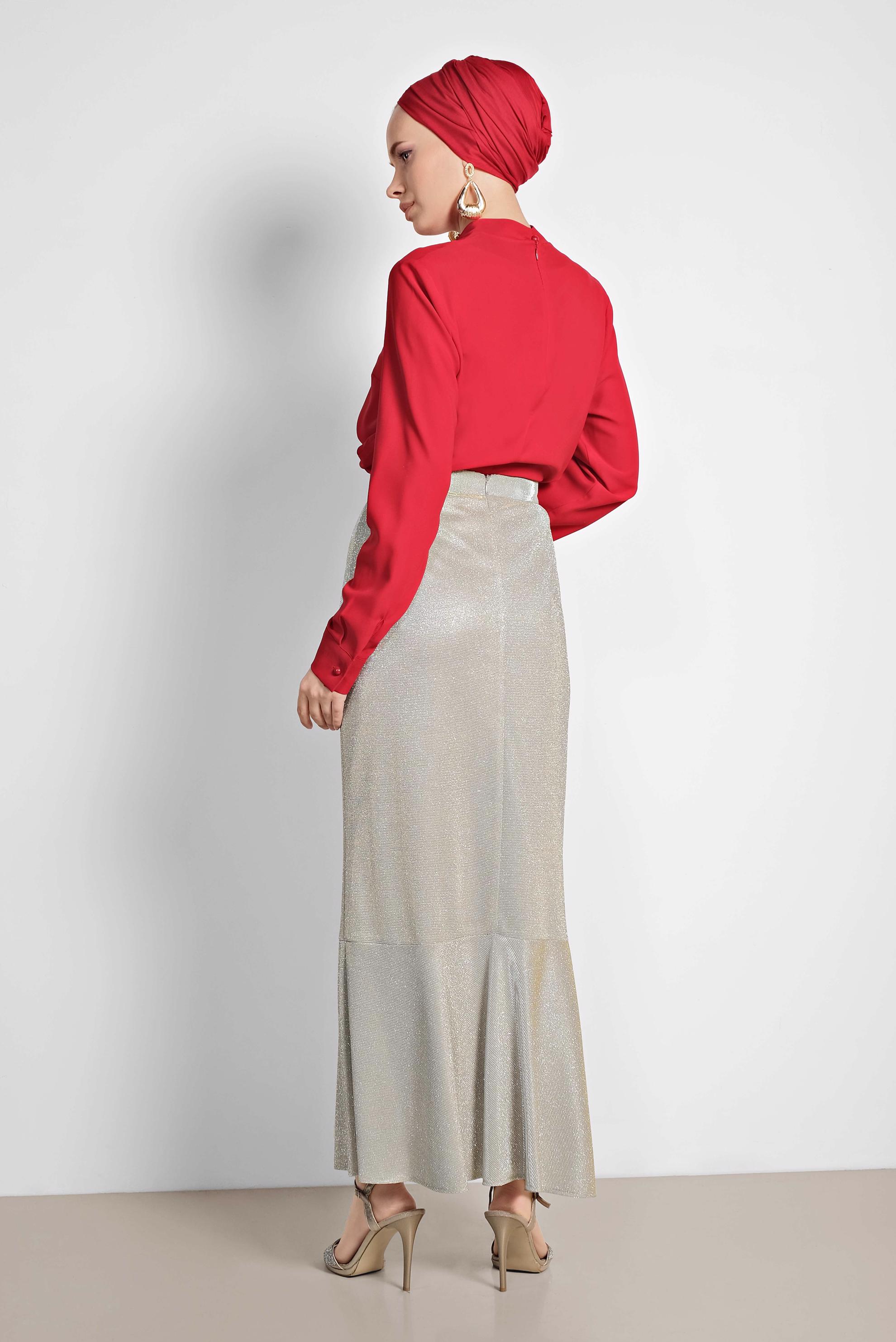 Tesettür giyim BEJ ETEK UCU VOLANLI SİMLİ ETEK 6350