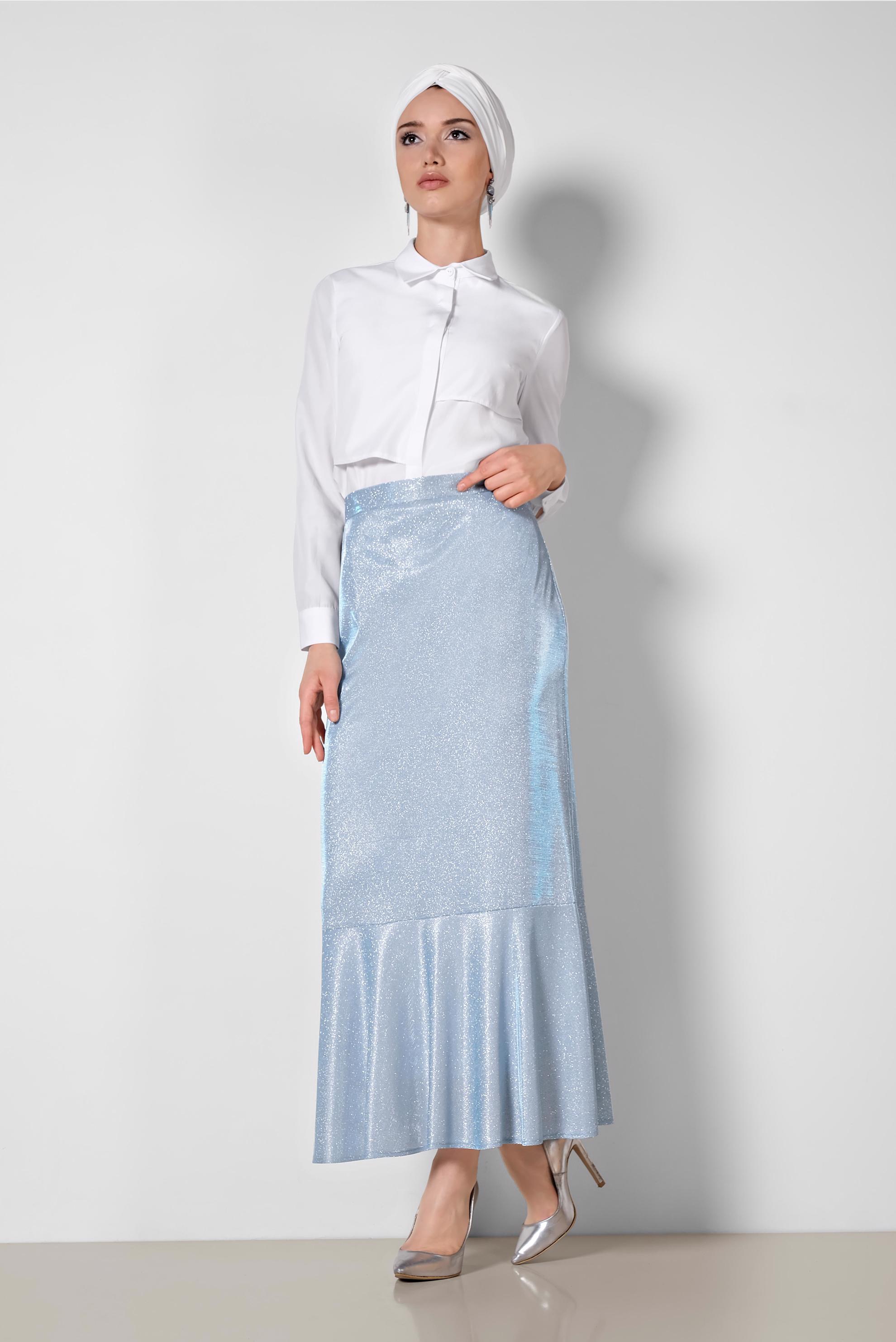 Tesettür giyim MAVİ ETEK UCU VOLANLI SİMLİ ETEK 6350