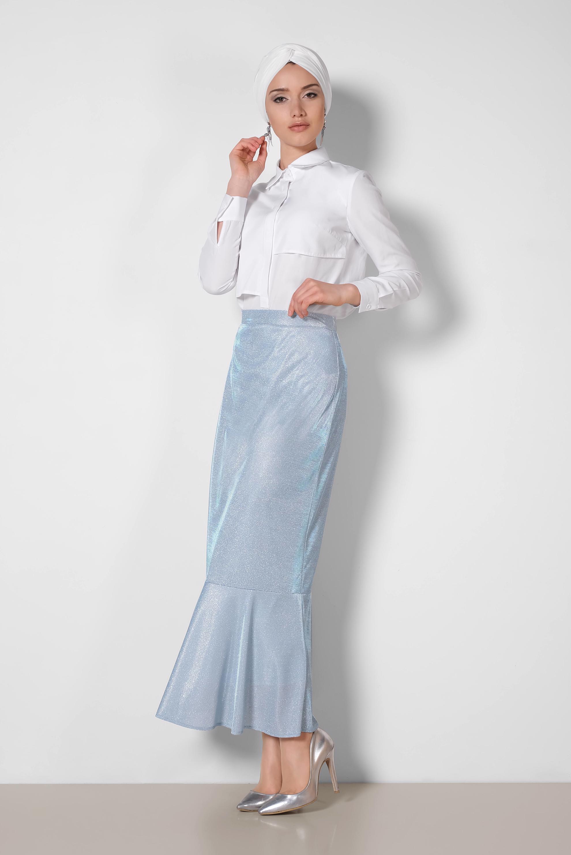 Tesettür giyim MAVİ ETEK UCU VOLANLI SİMLİ ETEK 6350