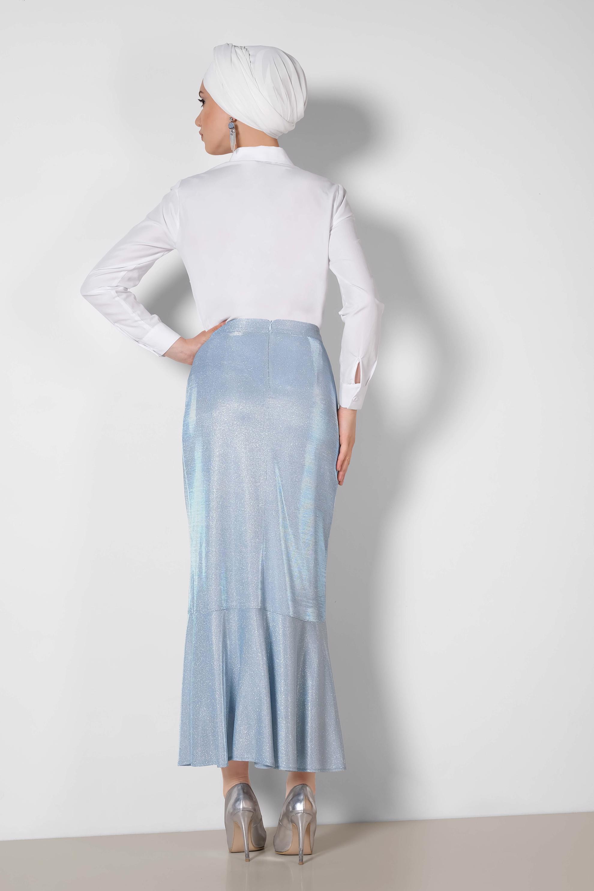 Tesettür giyim MAVİ ETEK UCU VOLANLI SİMLİ ETEK 6350