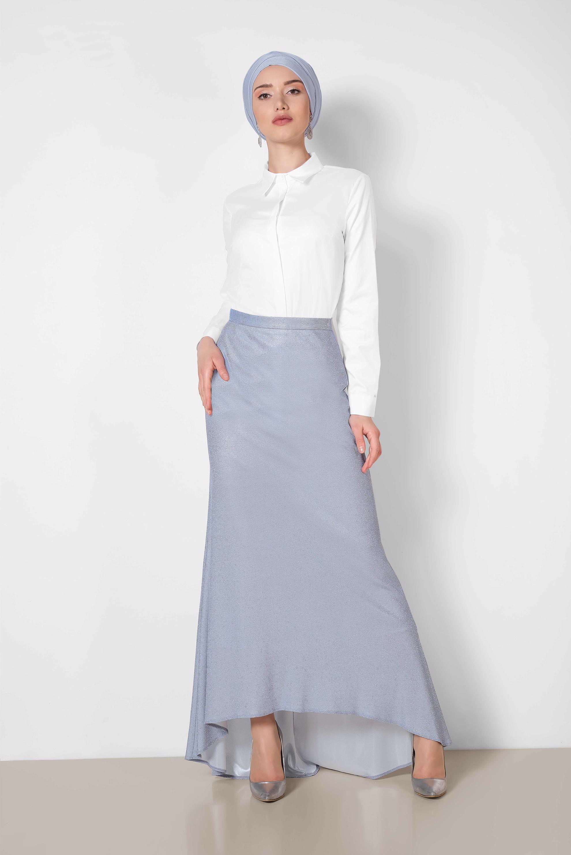 Tesettür giyim MAVİ KUYRUKLU SİMLİ ETEK 6351