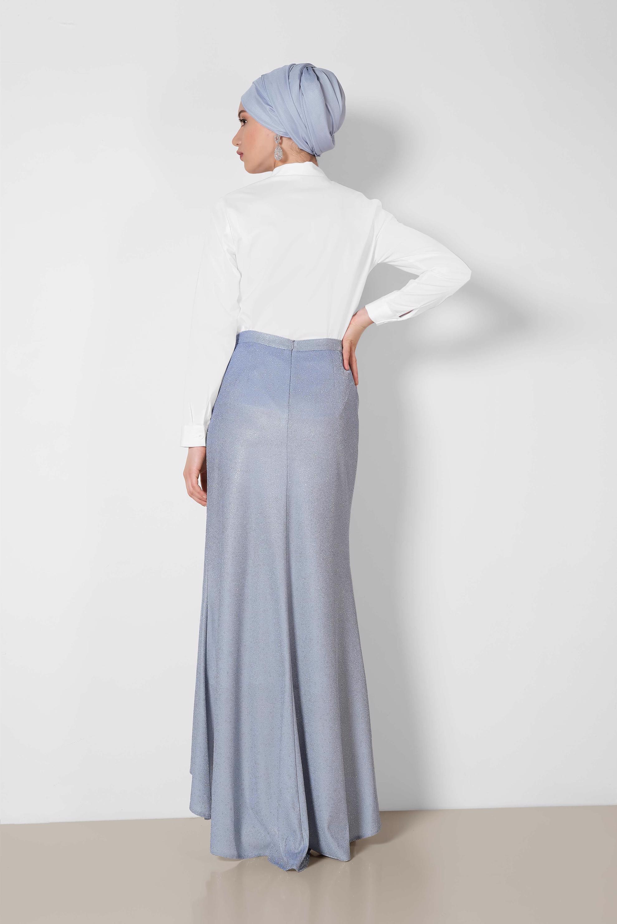 Tesettür giyim MAVİ KUYRUKLU SİMLİ ETEK 6351