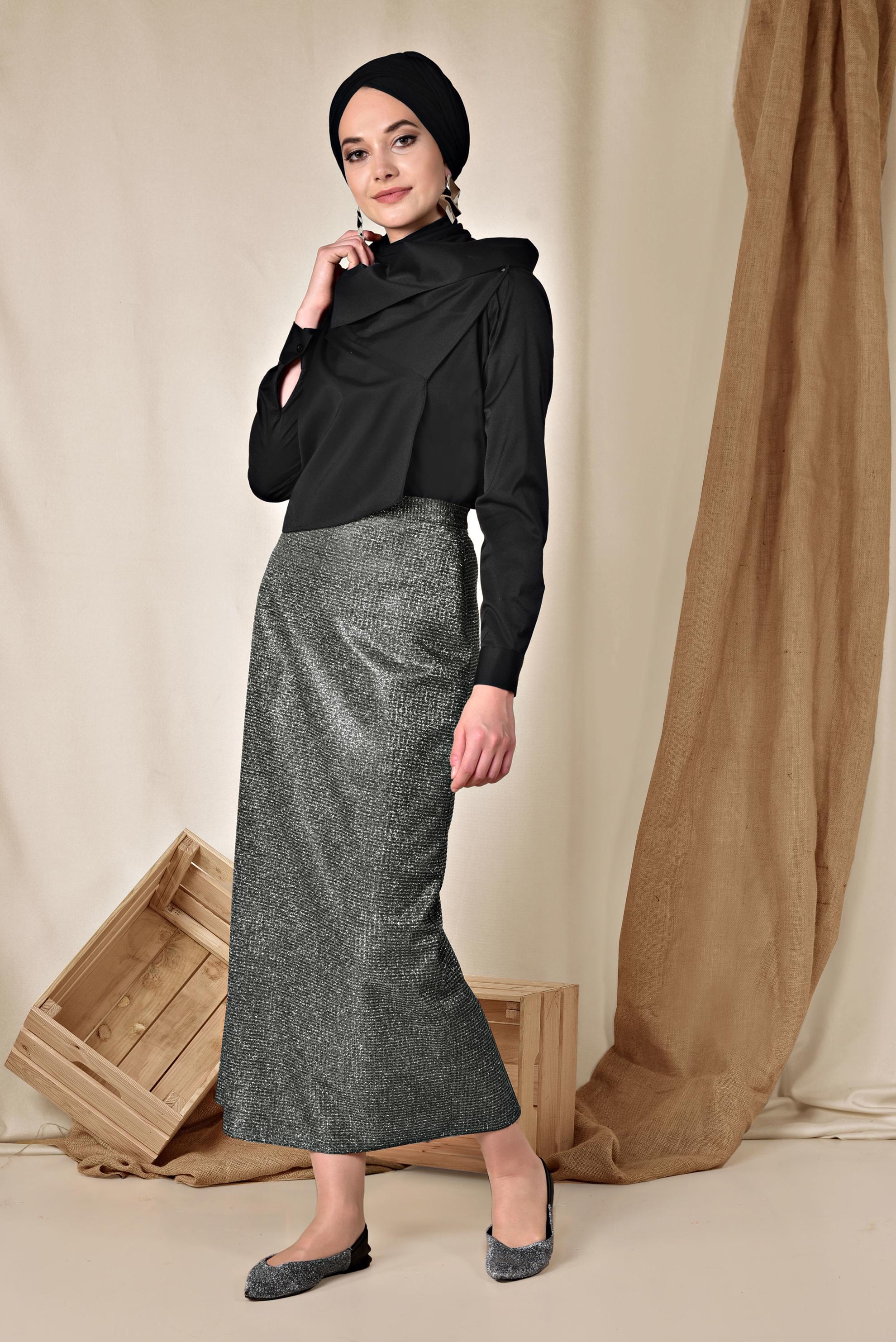 Tesettür giyim SİYAH SİMLİ TESETTÜR ETEK 6352