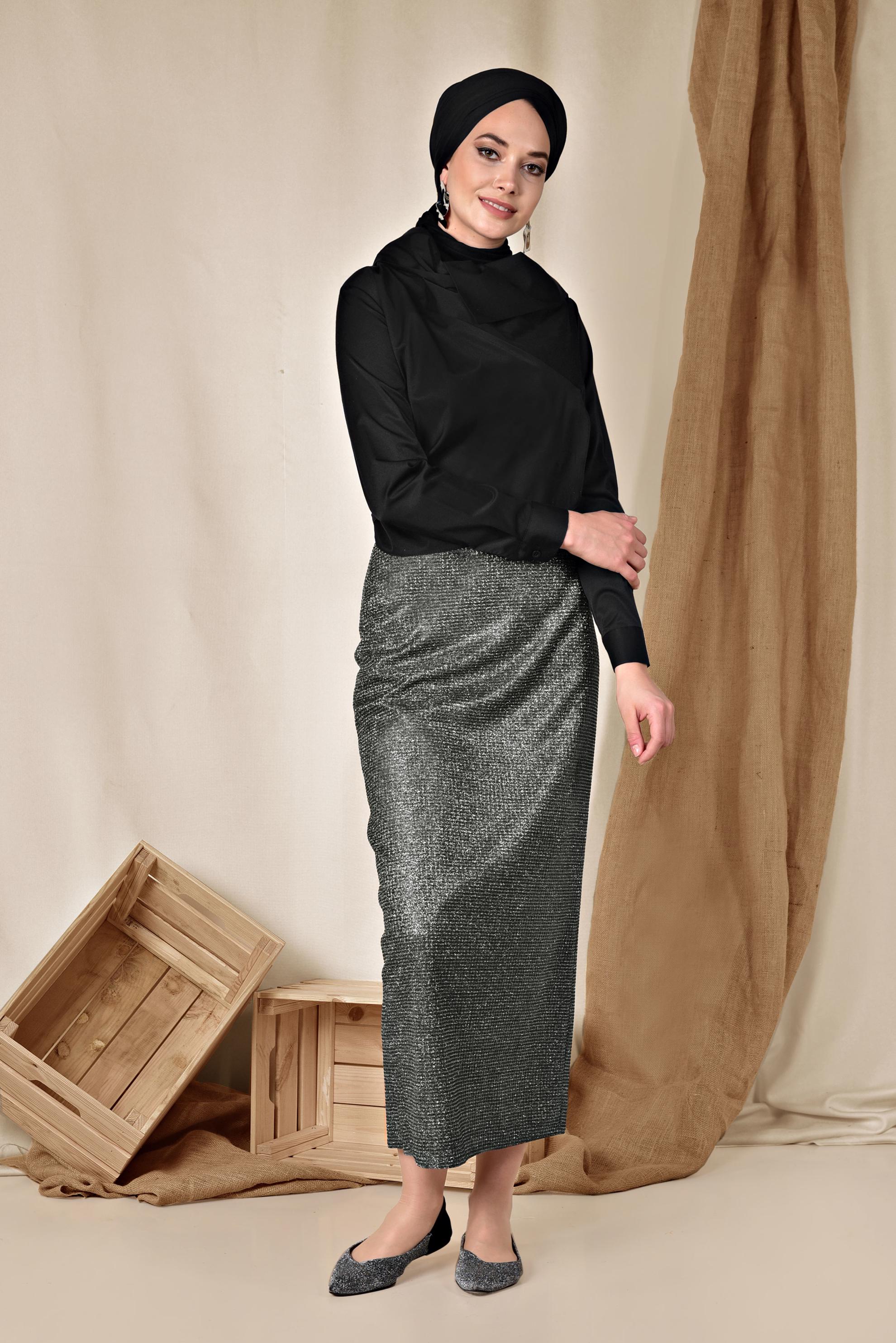 Tesettür giyim SİYAH SİMLİ TESETTÜR ETEK 6352