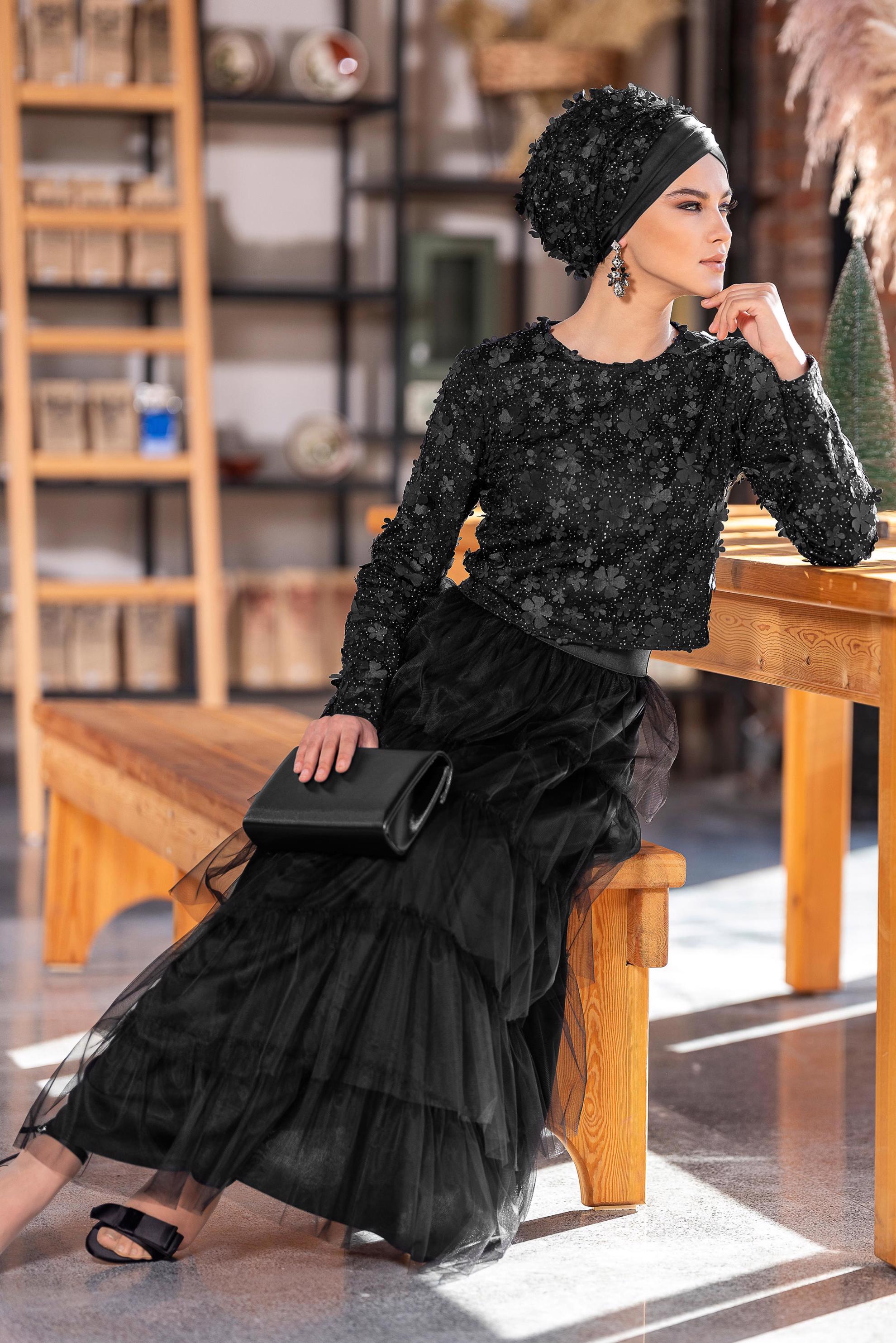 Tesettür giyim SİYAH BELİ LASTİKLİ KAT KAT TÜL ETEK 6353