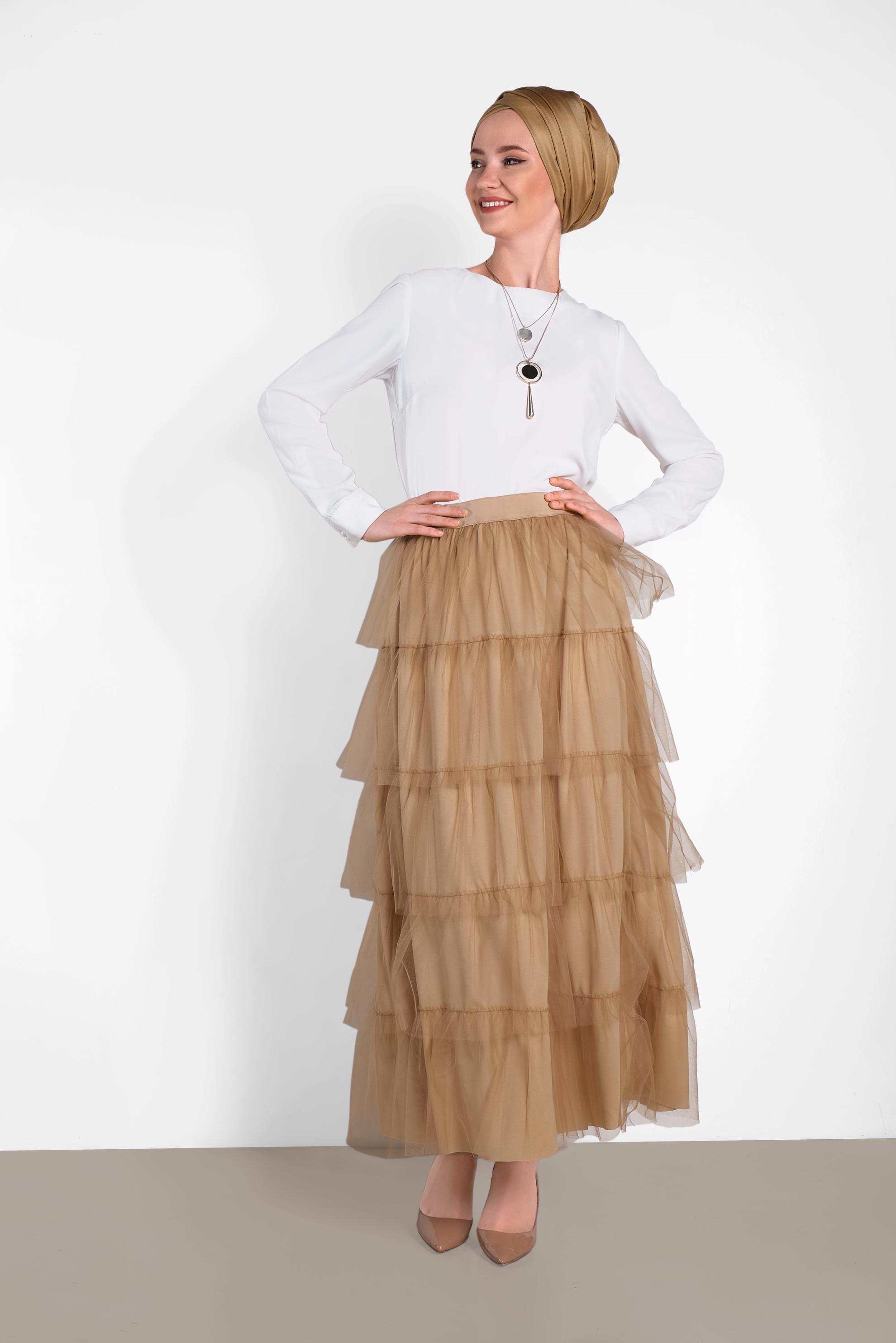 Tesettür giyim ALTIN BELİ LASTİKLİ KAT KAT TÜL ETEK 6353