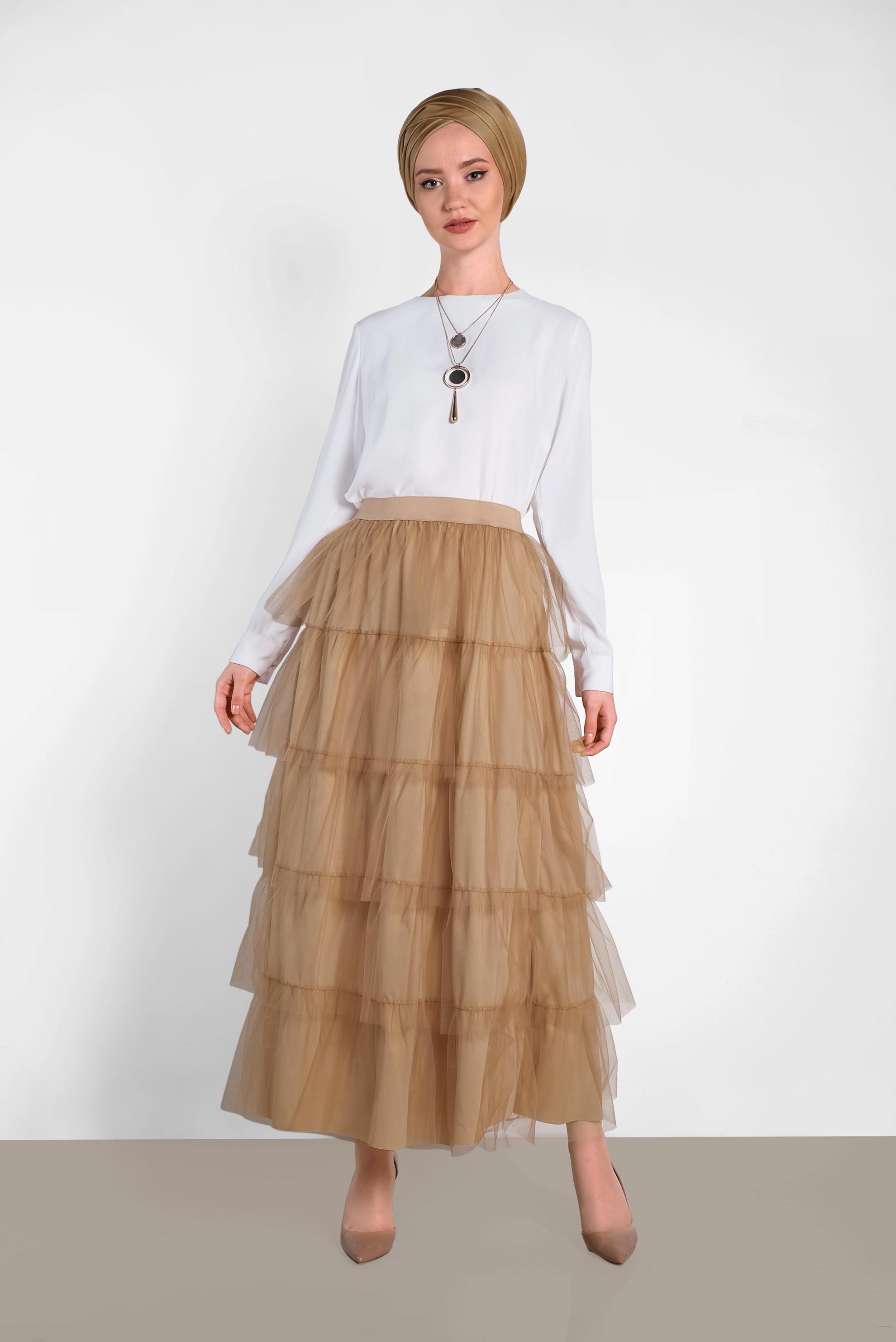 Tesettür giyim ALTIN BELİ LASTİKLİ KAT KAT TÜL ETEK 6353