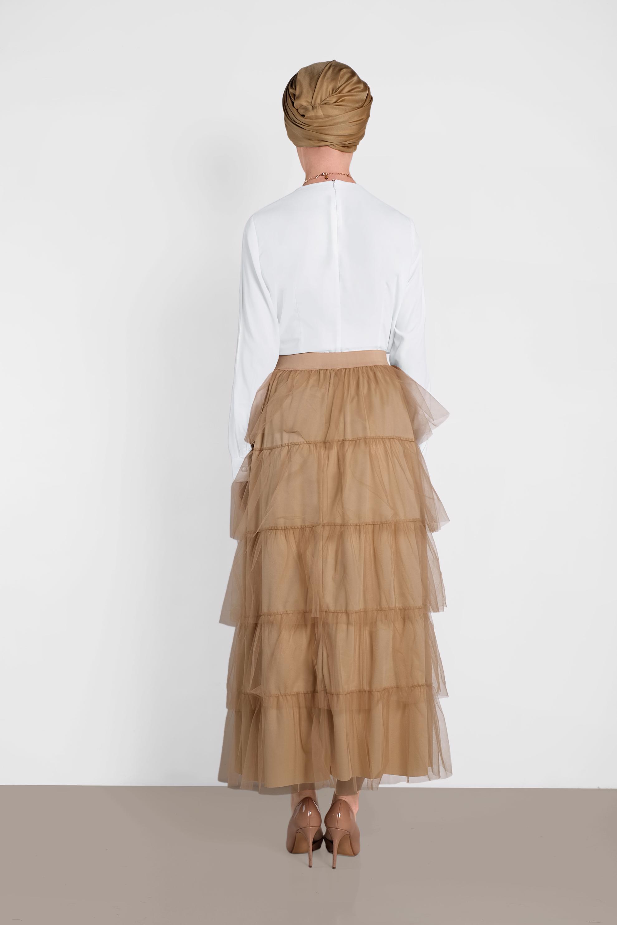 Tesettür giyim ALTIN BELİ LASTİKLİ KAT KAT TÜL ETEK 6353