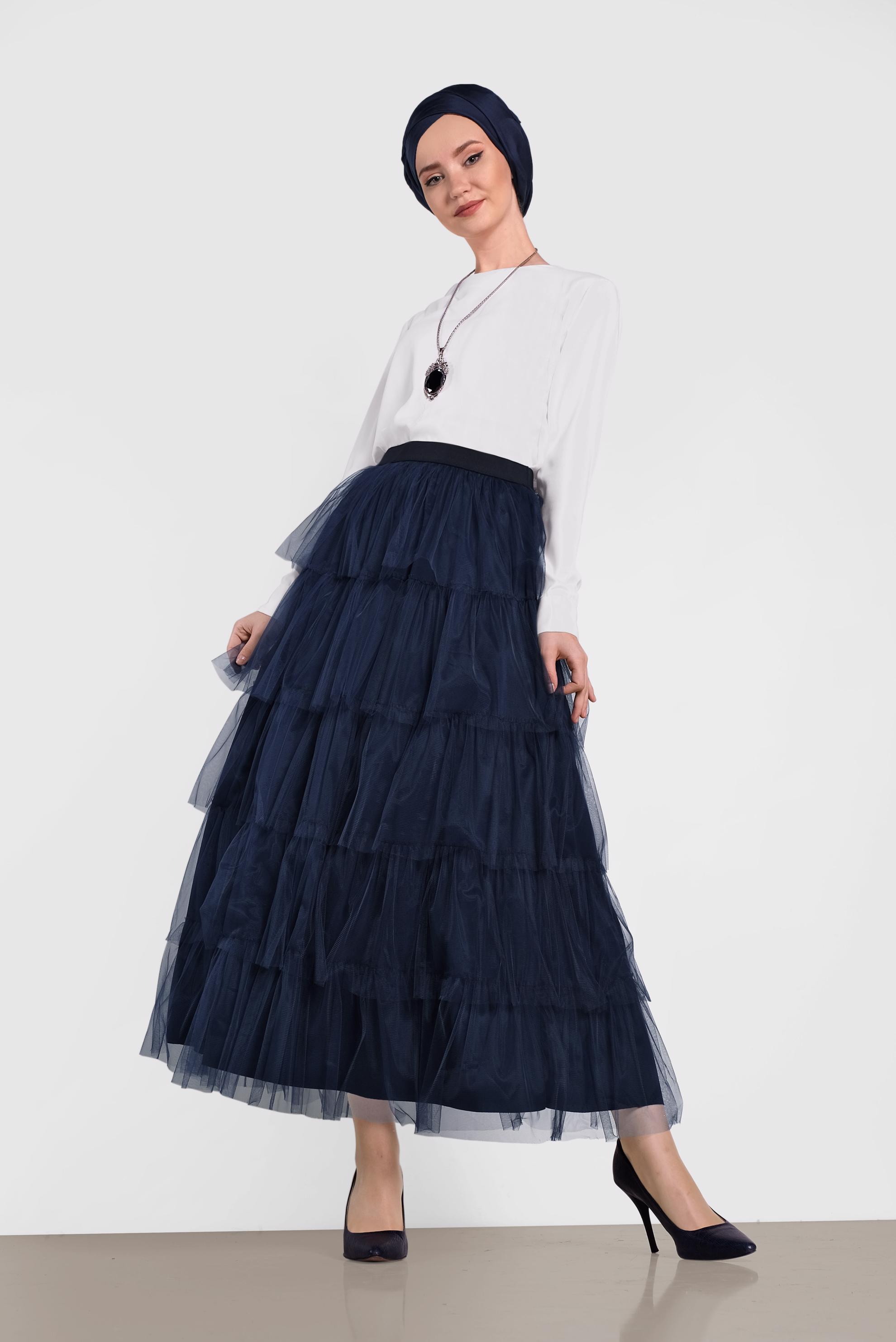 Tesettür giyim LACİVERT BELİ LASTİKLİ KAT KAT TÜL ETEK 6353