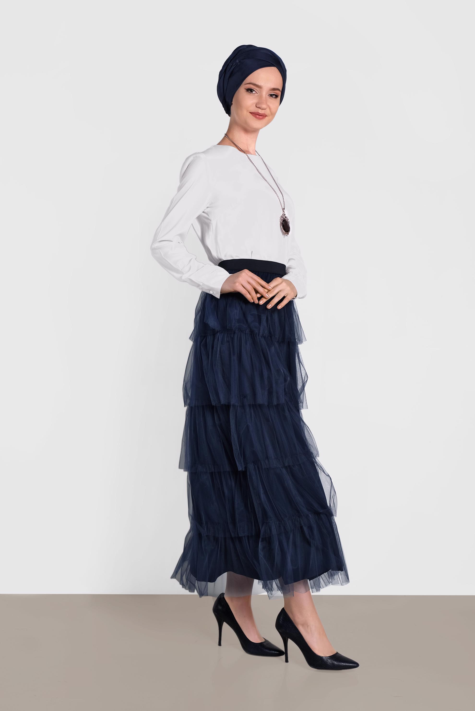 Tesettür giyim LACİVERT BELİ LASTİKLİ KAT KAT TÜL ETEK 6353